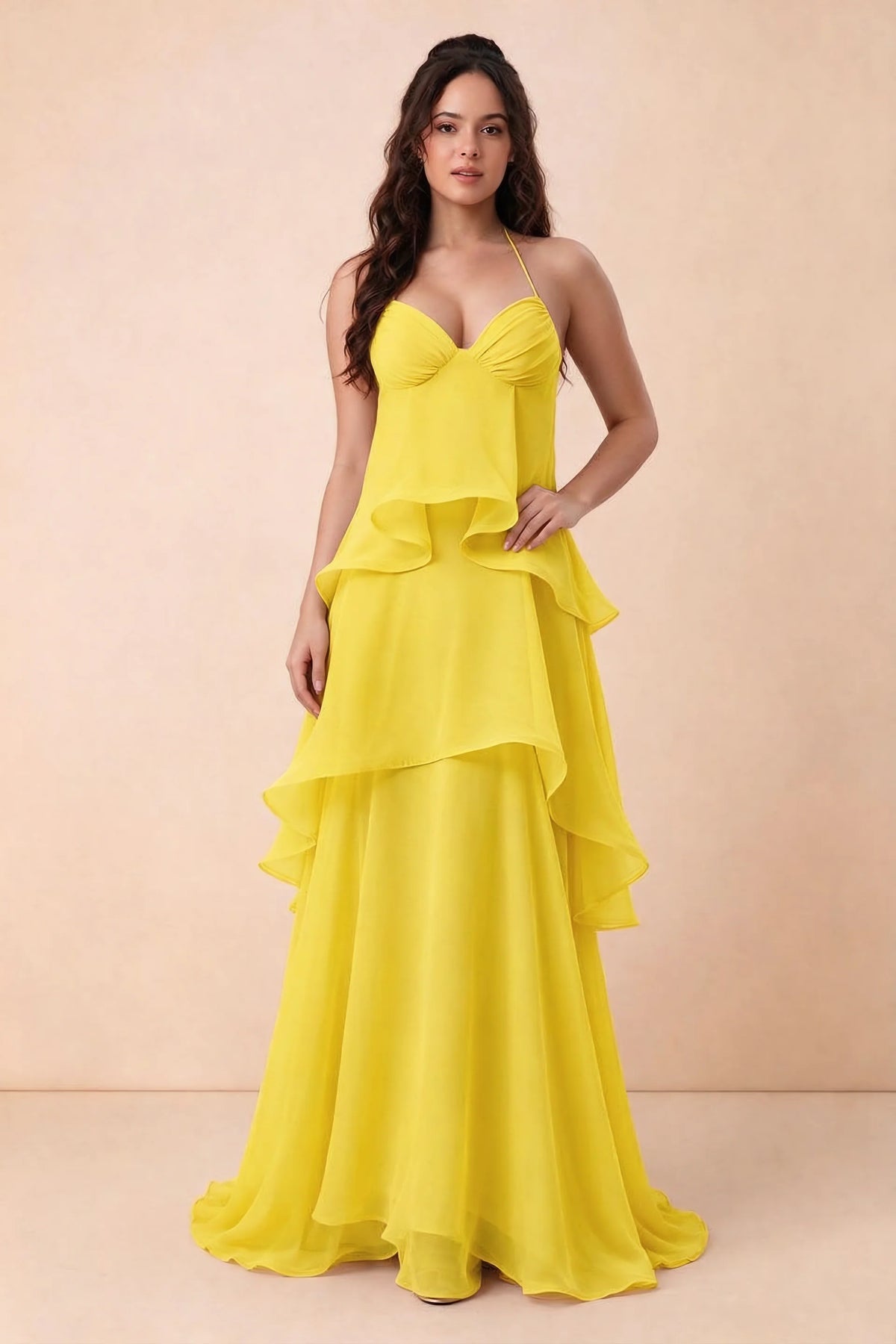 Front studio view of Candace yellow halter maxi dress with a sweetheart bodice and layered ruffles