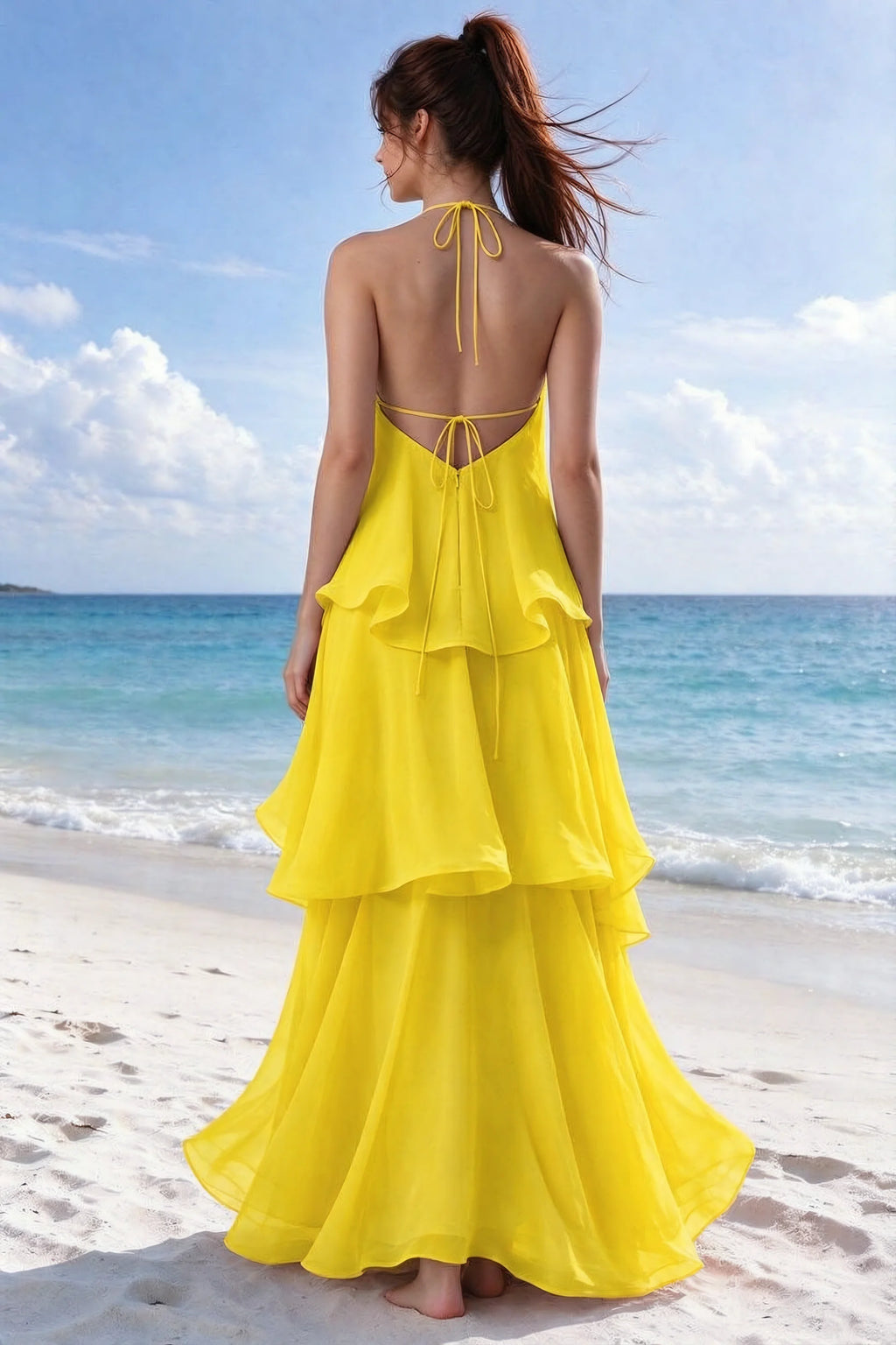 Beachside rear view of Candace yellow dress showing the open back and overlapping ruffle layers