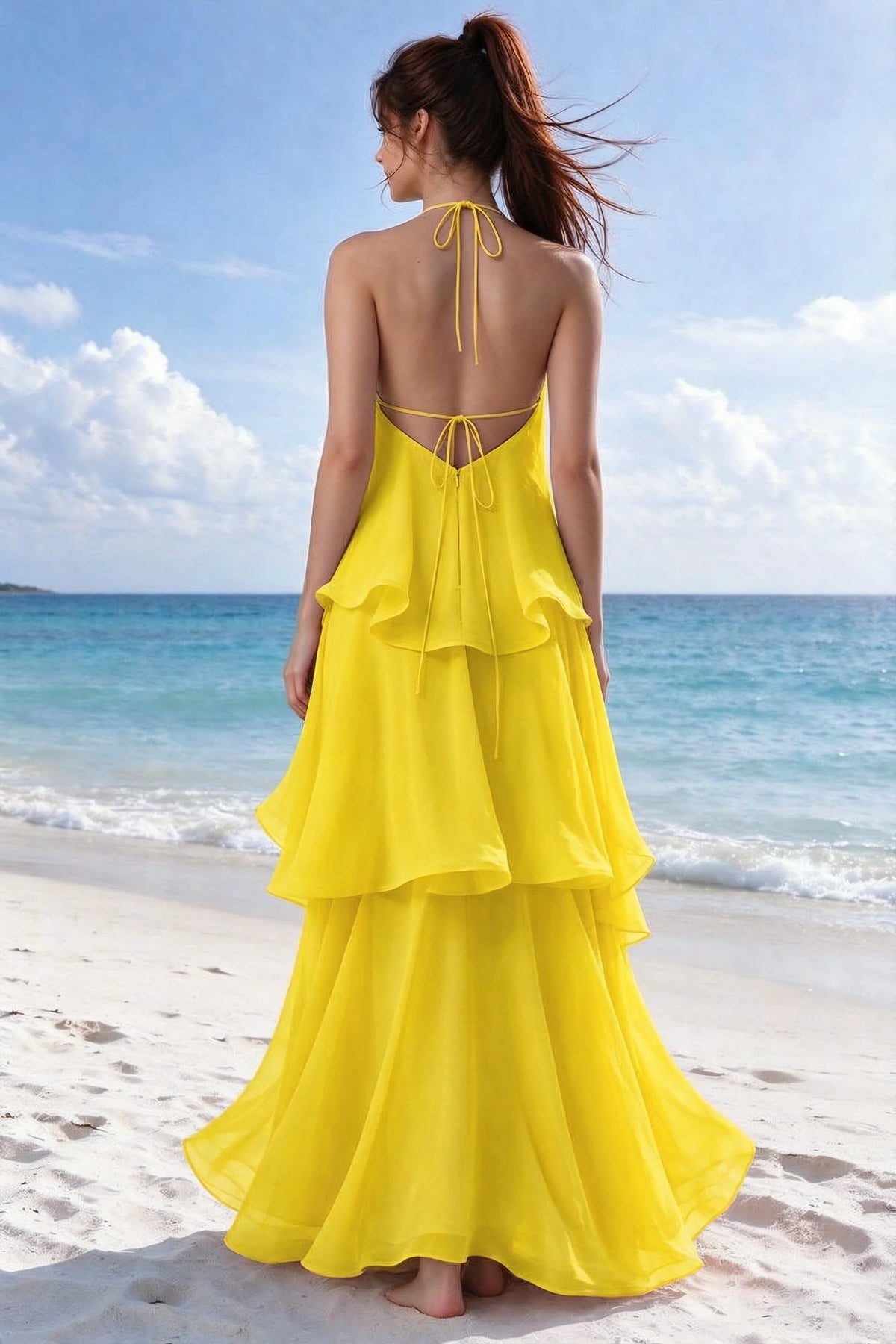Beachside rear view of Candace yellow dress showing the open back and overlapping ruffle layers