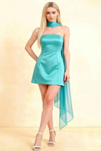 Candice Aqua Strapless Mini Dress with Neck Scarf
