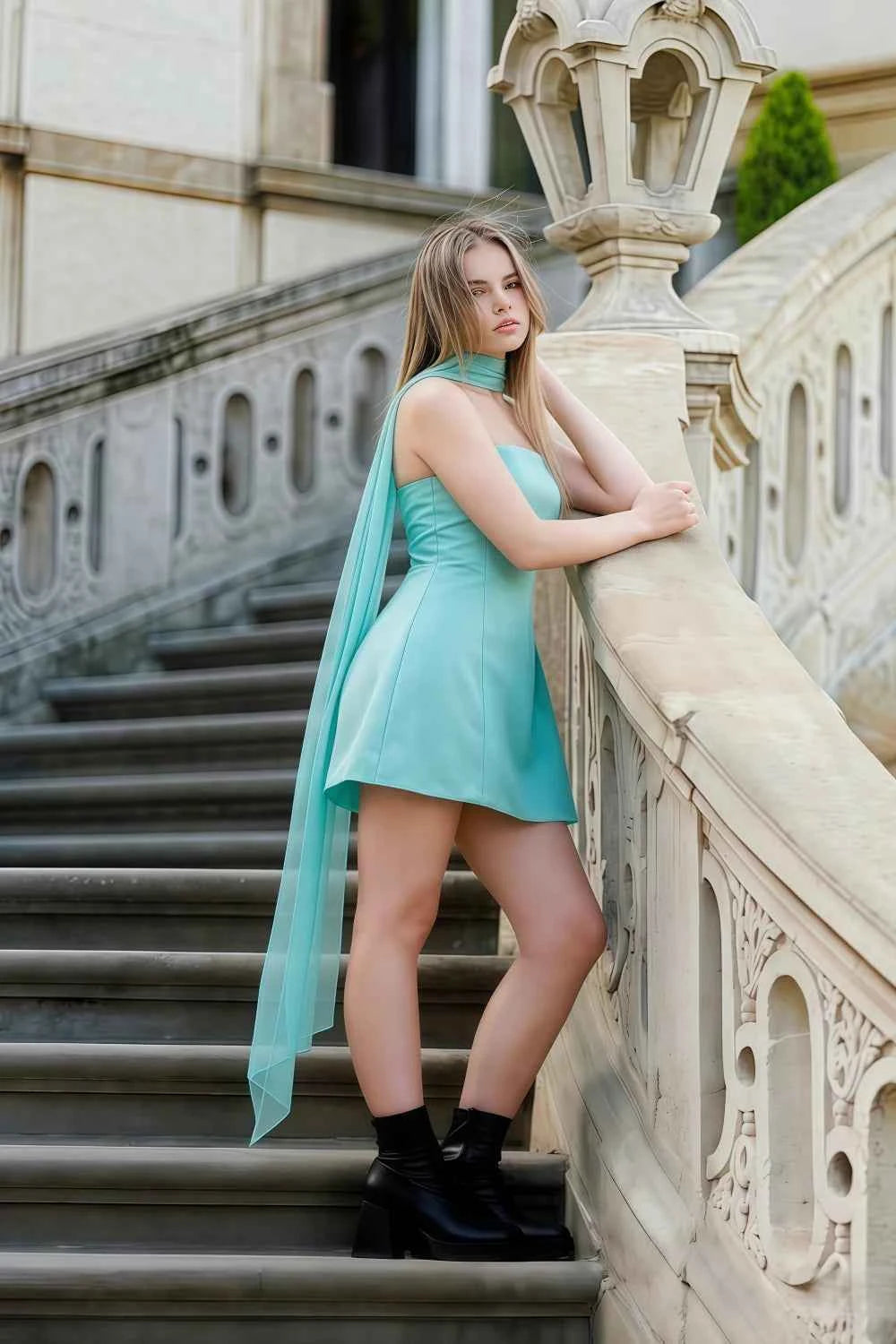 Candice Aqua Strapless Mini Dress with Neck Scarf