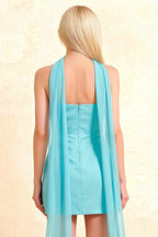 Candice Aqua Strapless Mini Dress with Neck Scarf