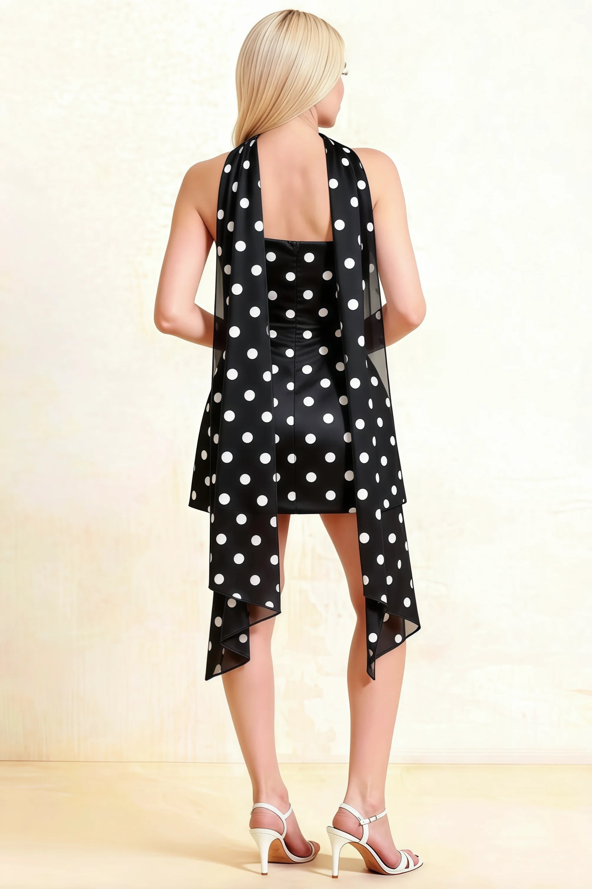 LVLVS Candice strapless black polka dot dress back view showing open back and flowing chiffon scarf detail for evening party wear