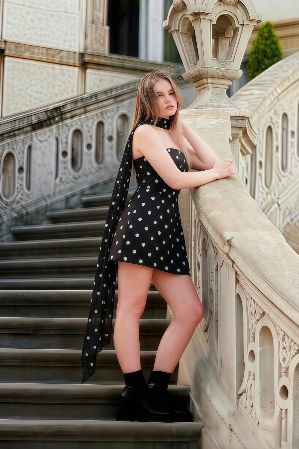 Real customer wearing LVLVS Candice black polka dot crepe dress on city stairs street style look with matching chiffon neck scarf accessory