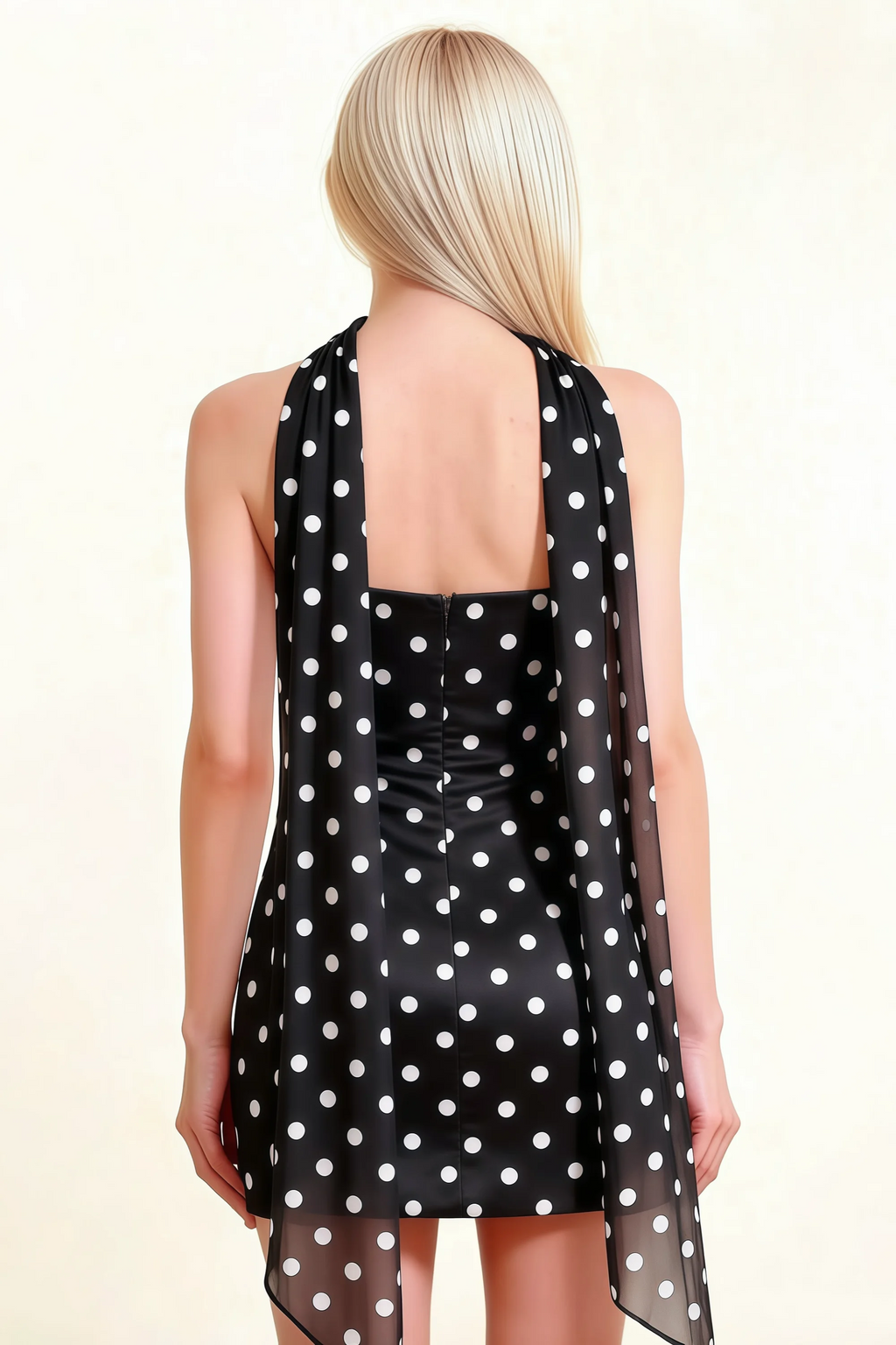Back detail of LVLVS Candice black polka dot dress showcasing low cut back and delicate polka dot chiffon scarf draping for formal events