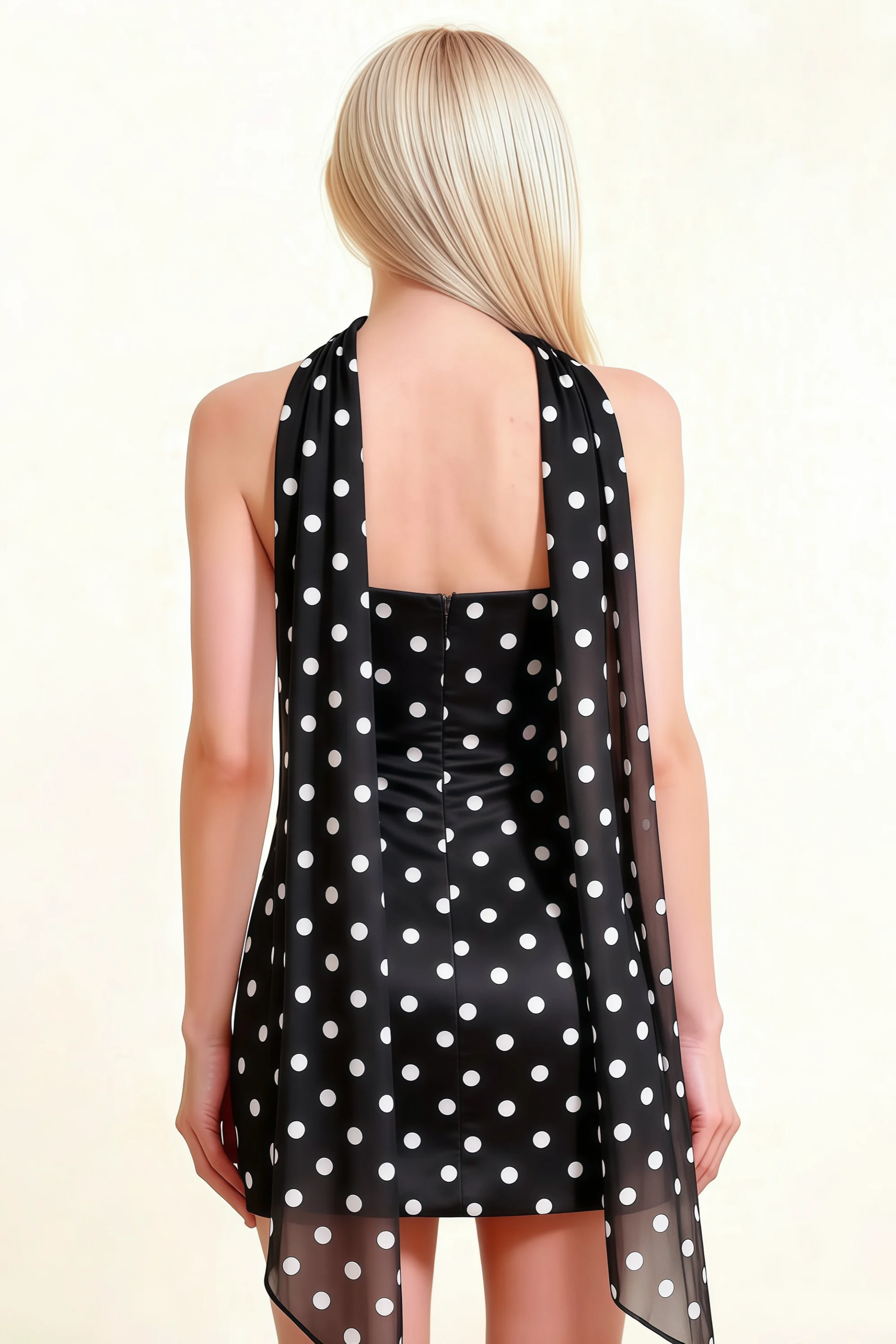 Back detail of LVLVS Candice black polka dot dress showcasing low cut back and delicate polka dot chiffon scarf draping for formal events