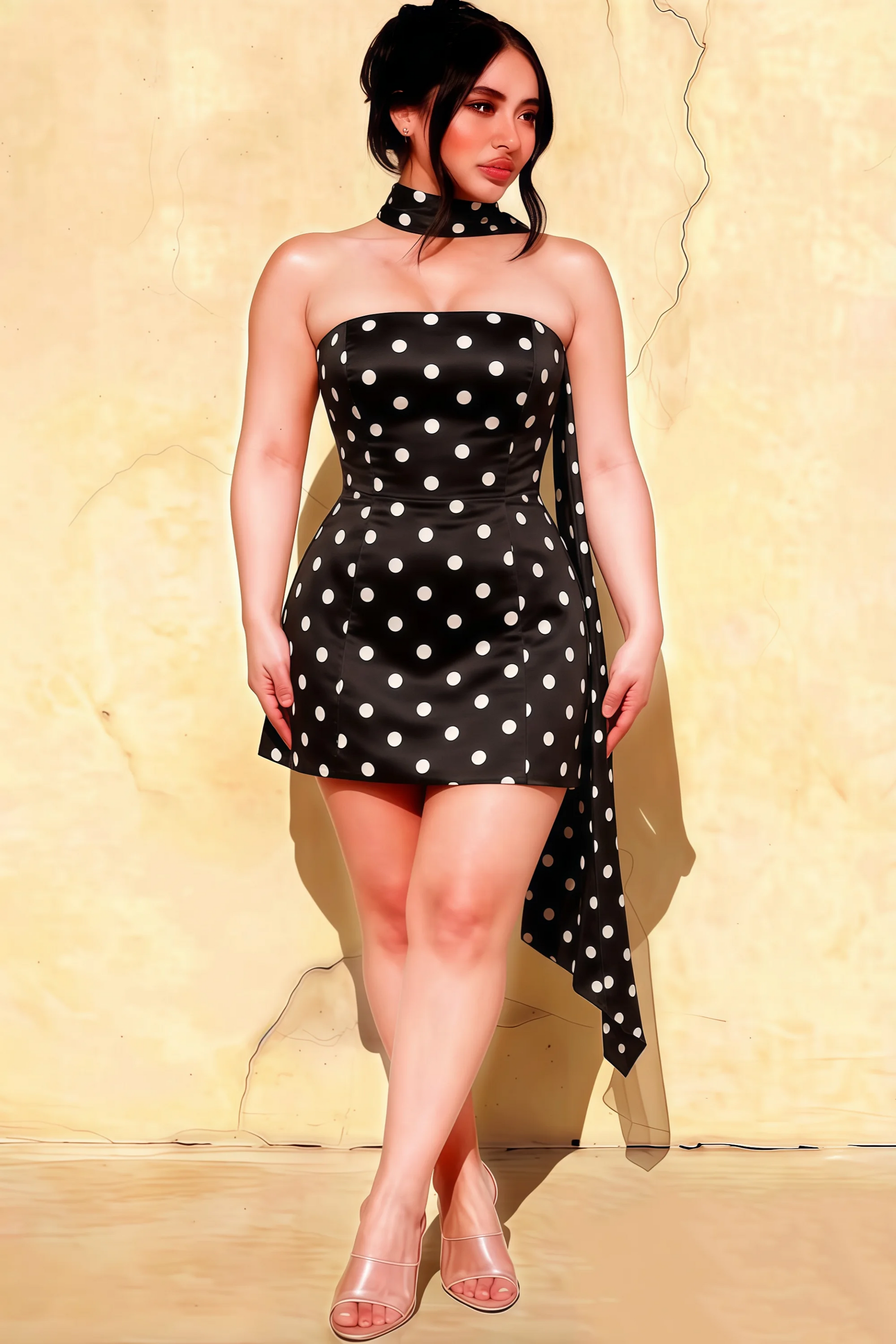 Plus size model wearing LVLVS Candice black polka dot strapless mini dress front view demonstrating flattering fit for curvy women at party