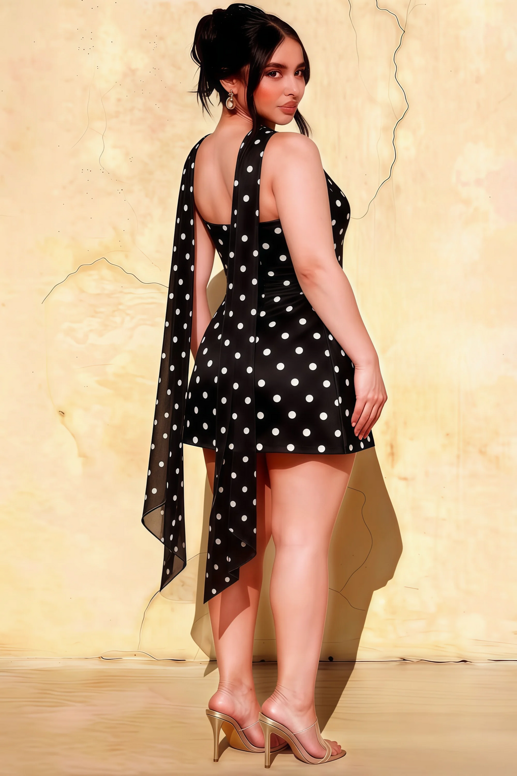Plus size fashion model in LVLVS Candice black polka dot crepe dress side view showing asymmetrical hemline and flowy chiffon scarf detail