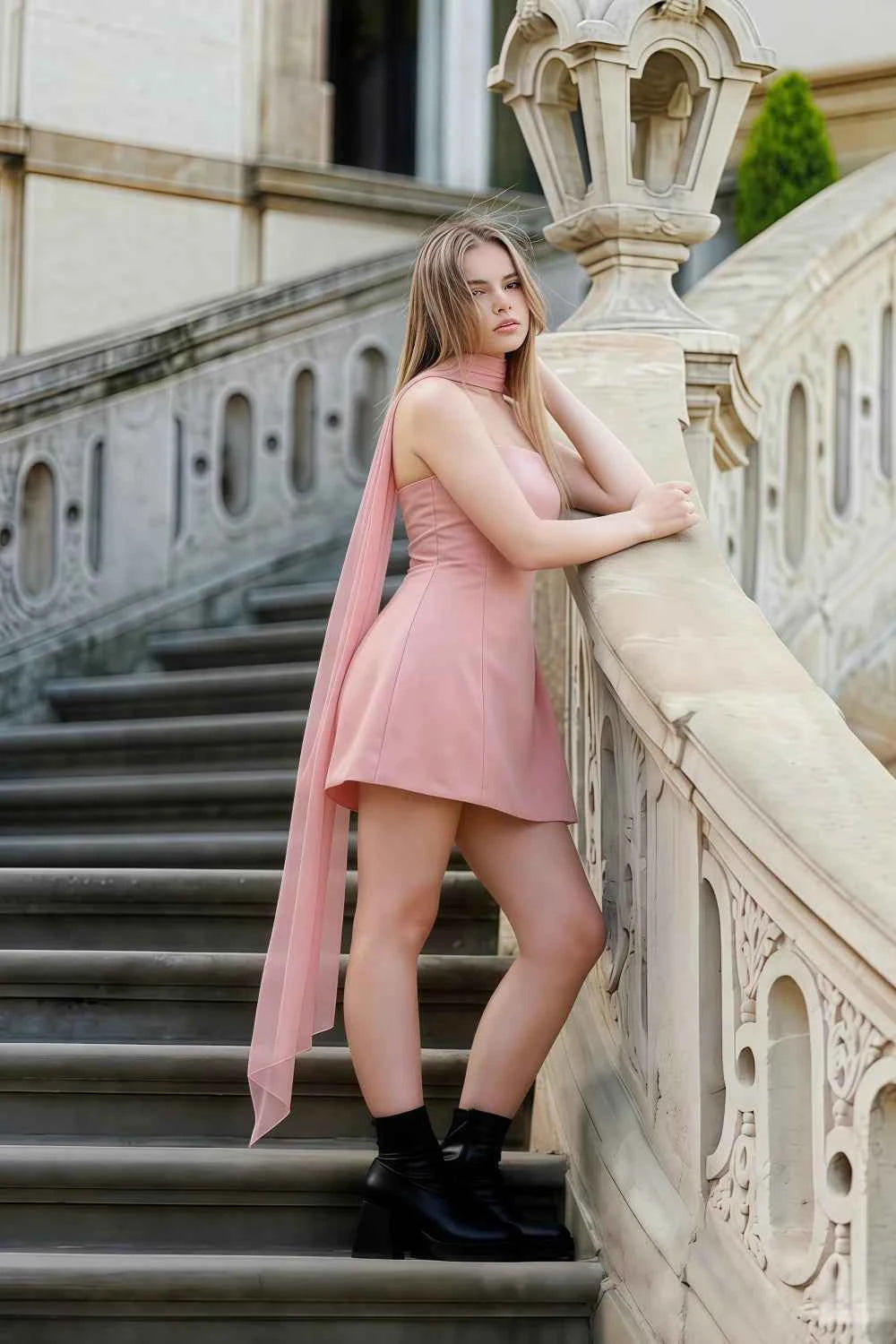 Candice Blush Strapless Mini Dress with Neck Scarf