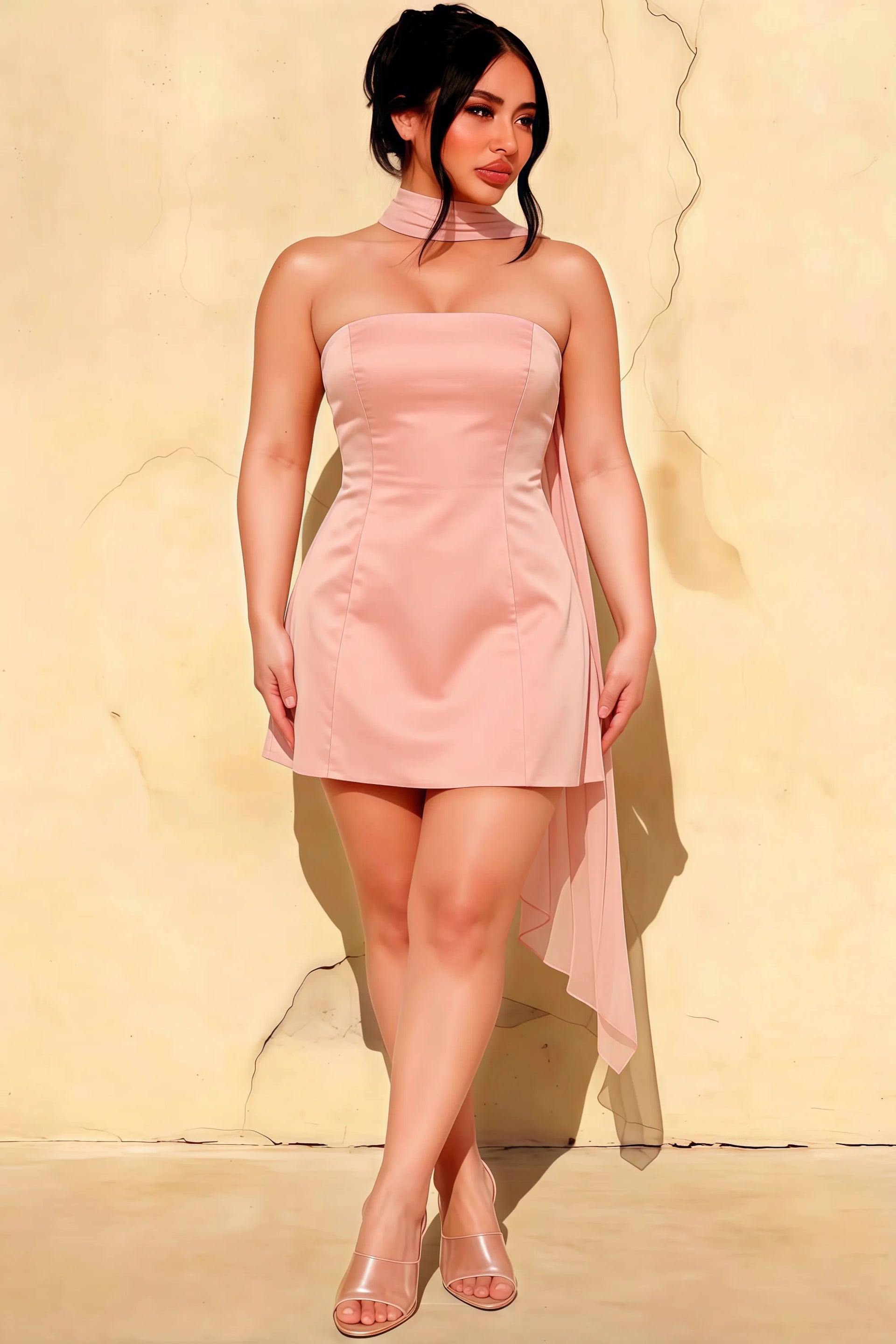 Candice Blush Strapless Mini Dress with Neck Scarf