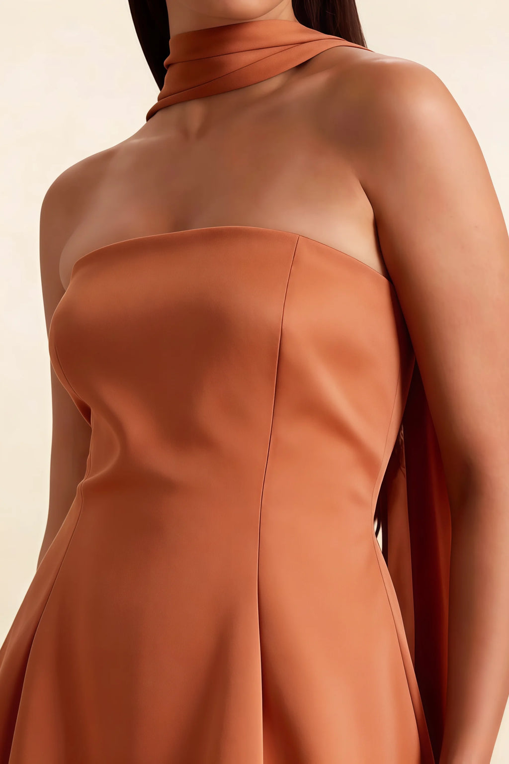 Candice Bronze Strapless Mini Dress with Neck Scarf