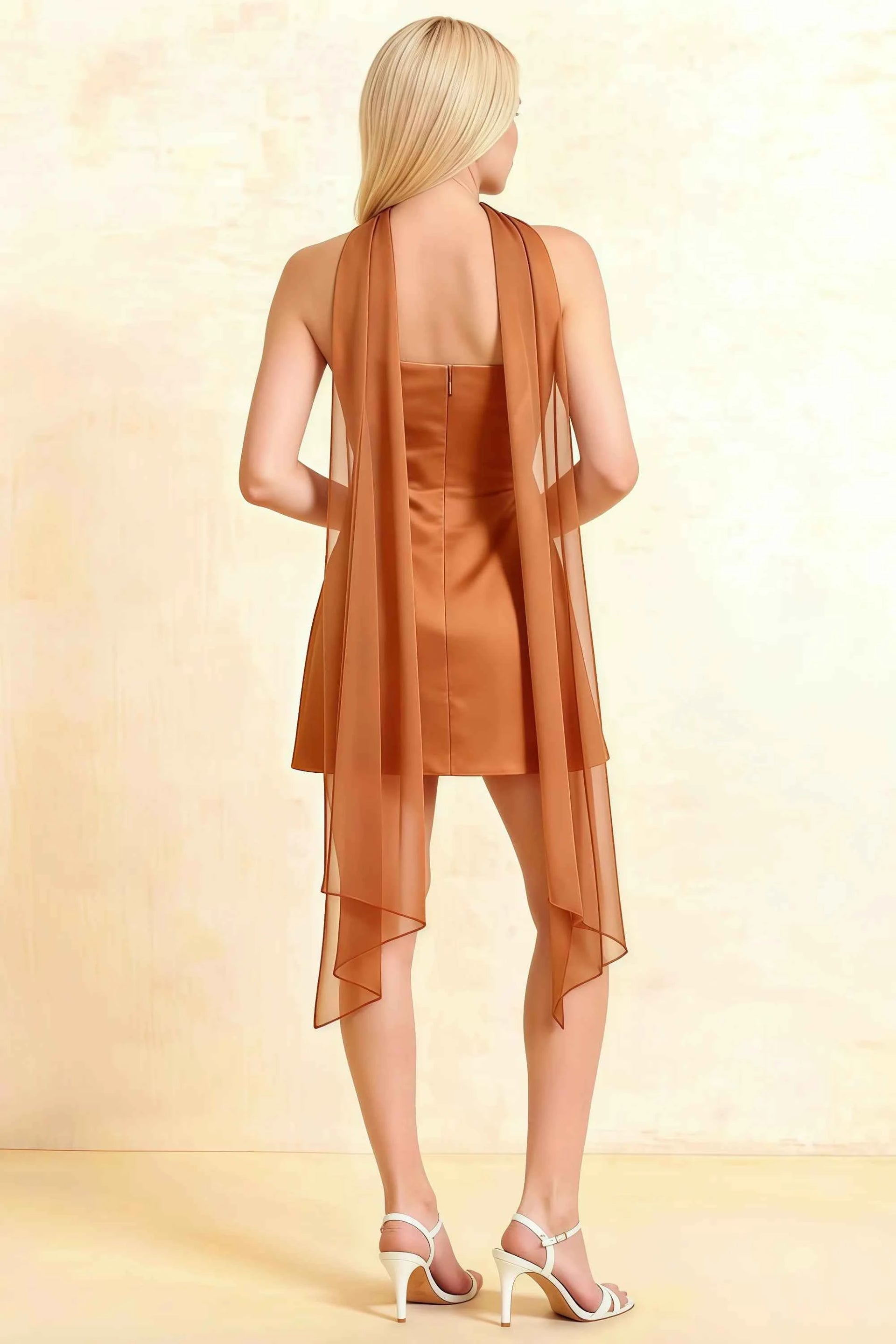 Candice Bronze Strapless Mini Dress with Neck Scarf