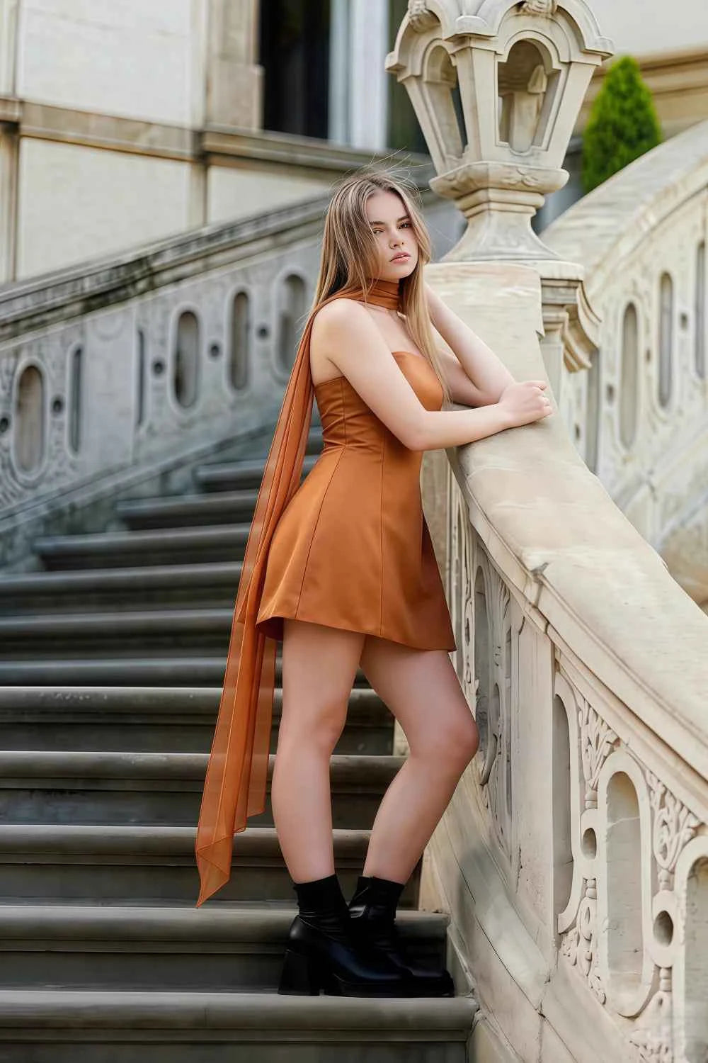 Candice Bronze Strapless Mini Dress with Neck Scarf