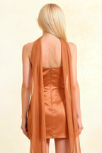 Candice Bronze Strapless Mini Dress with Neck Scarf