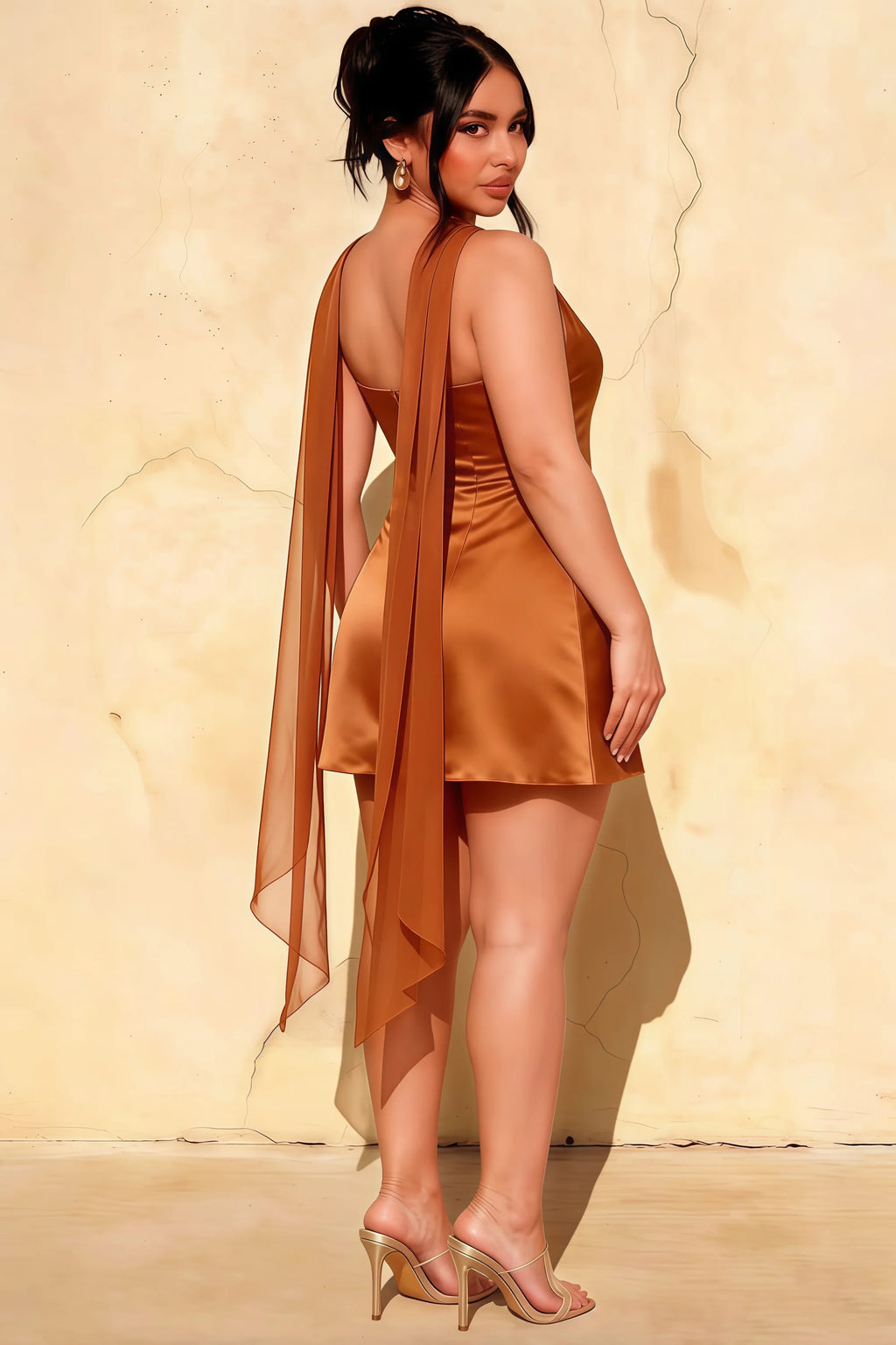Candice Bronze Strapless Mini Dress with Neck Scarf