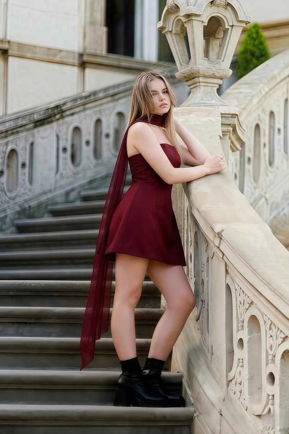 Candice Burgundy Strapless Mini Dress with Neck Scarf