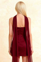 Candice Burgundy Strapless Mini Dress with Neck Scarf