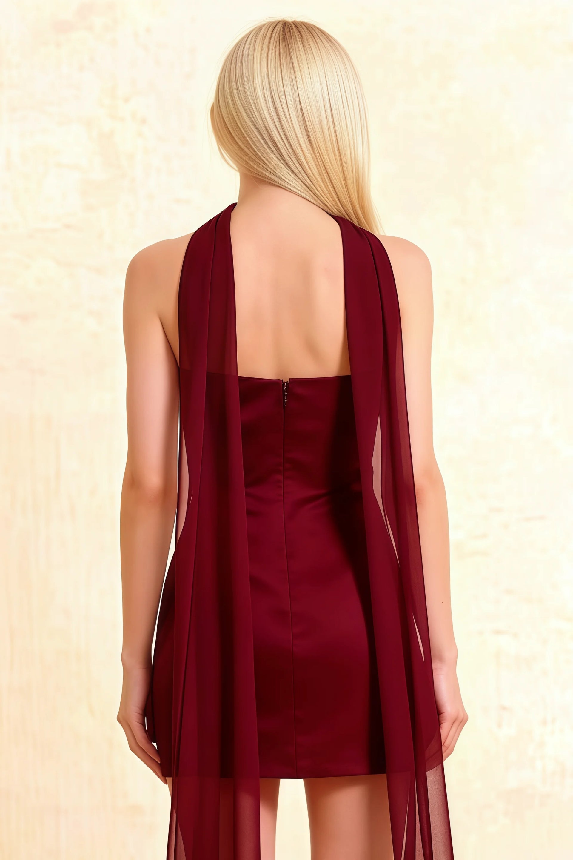 Candice Burgundy Strapless Mini Dress with Neck Scarf