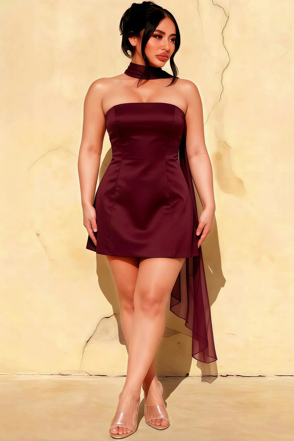 Candice Burgundy Strapless Mini Dress with Neck Scarf