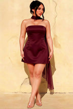 Candice Burgundy Strapless Mini Dress with Neck Scarf