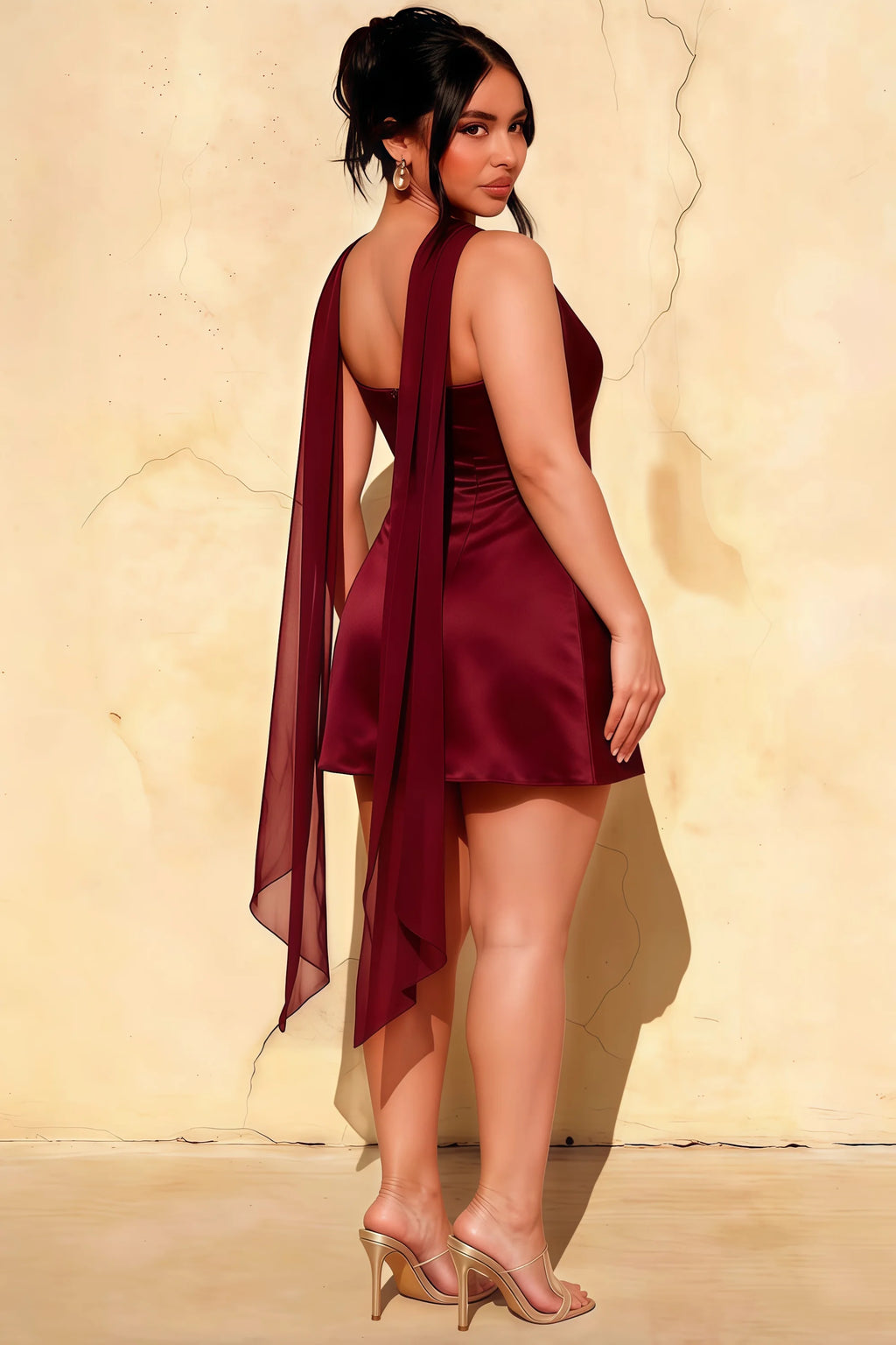 Candice Burgundy Strapless Mini Dress with Neck Scarf