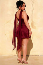 Candice Burgundy Strapless Mini Dress with Neck Scarf