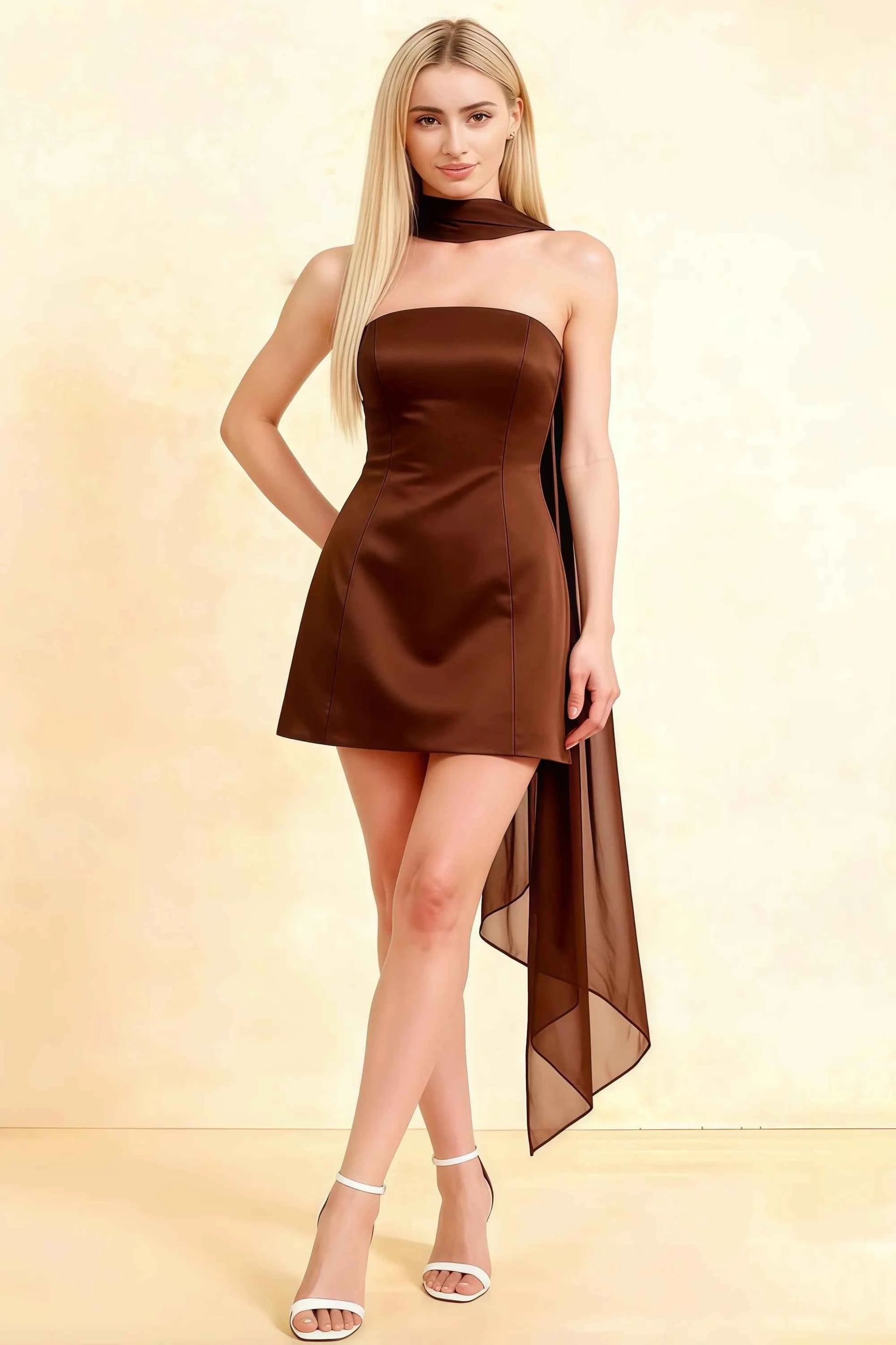 Candice Chocolate Strapless Mini Dress with Neck Scarf