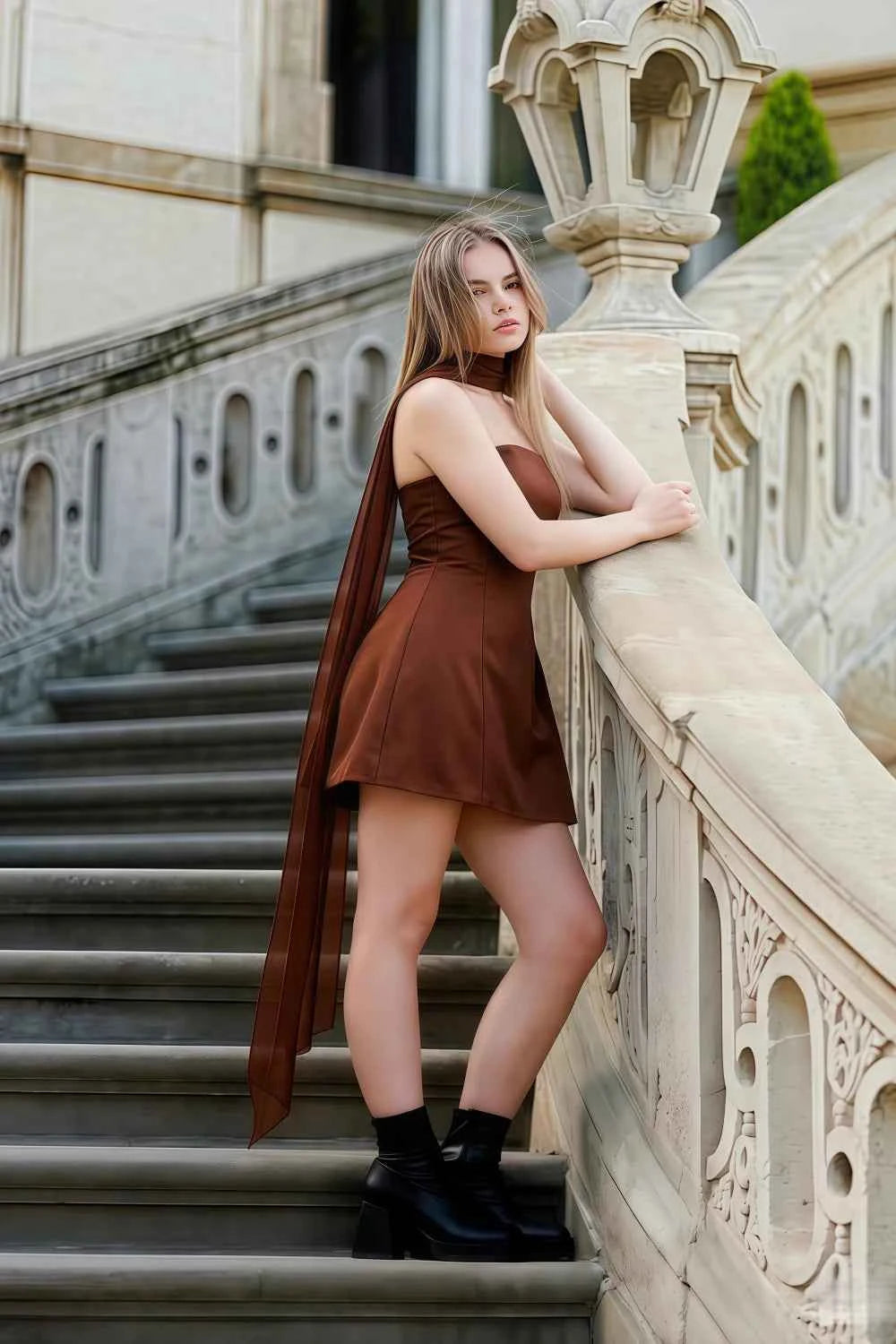 Candice Chocolate Strapless Mini Dress with Neck Scarf