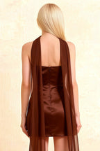 Candice Chocolate Strapless Mini Dress with Neck Scarf