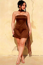 Candice Chocolate Strapless Mini Dress with Neck Scarf