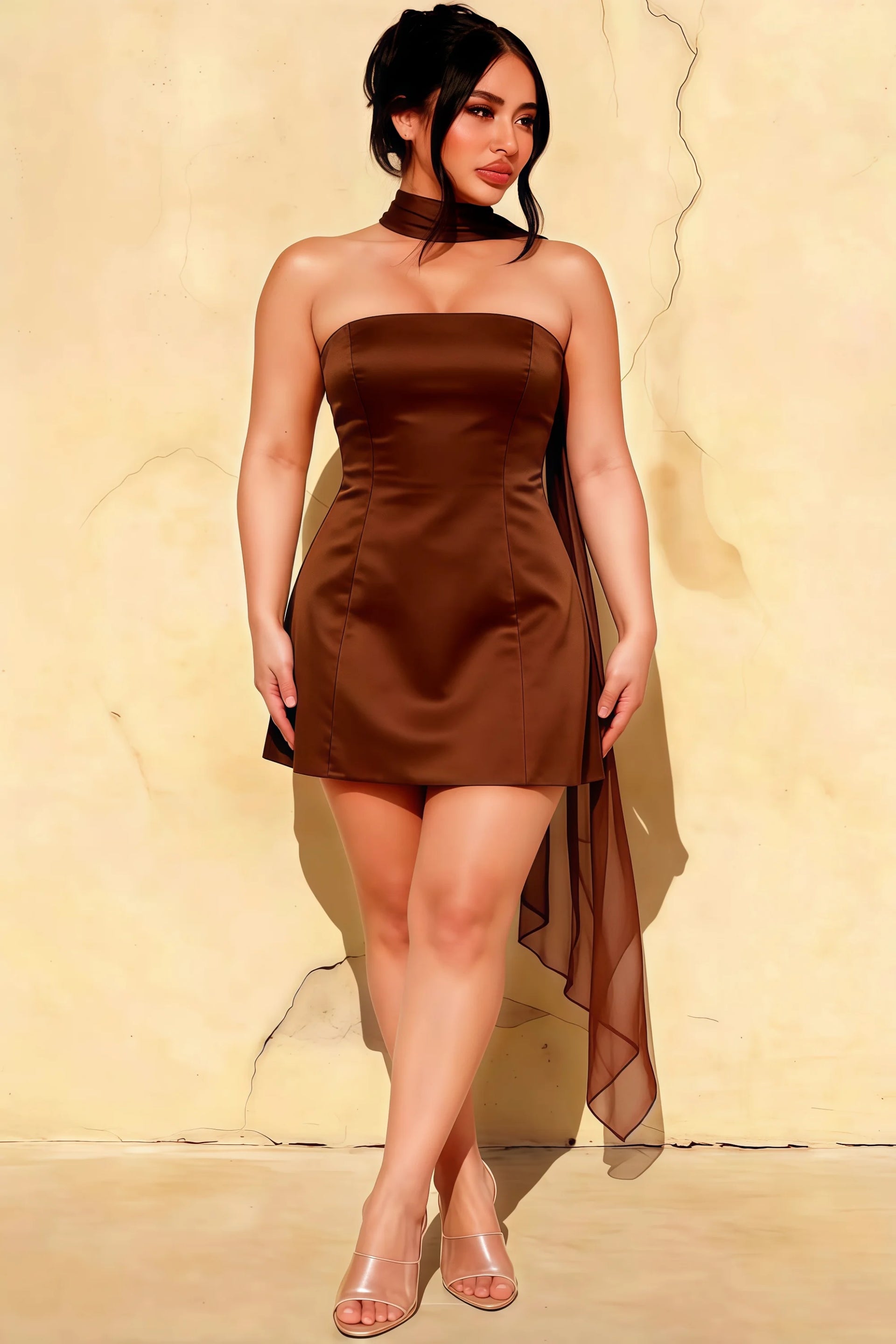 Candice Chocolate Strapless Mini Dress with Neck Scarf