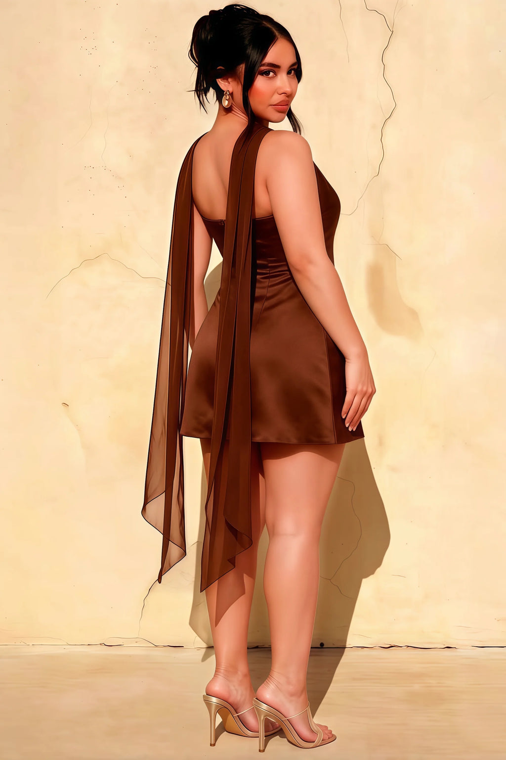 Candice Chocolate Strapless Mini Dress with Neck Scarf