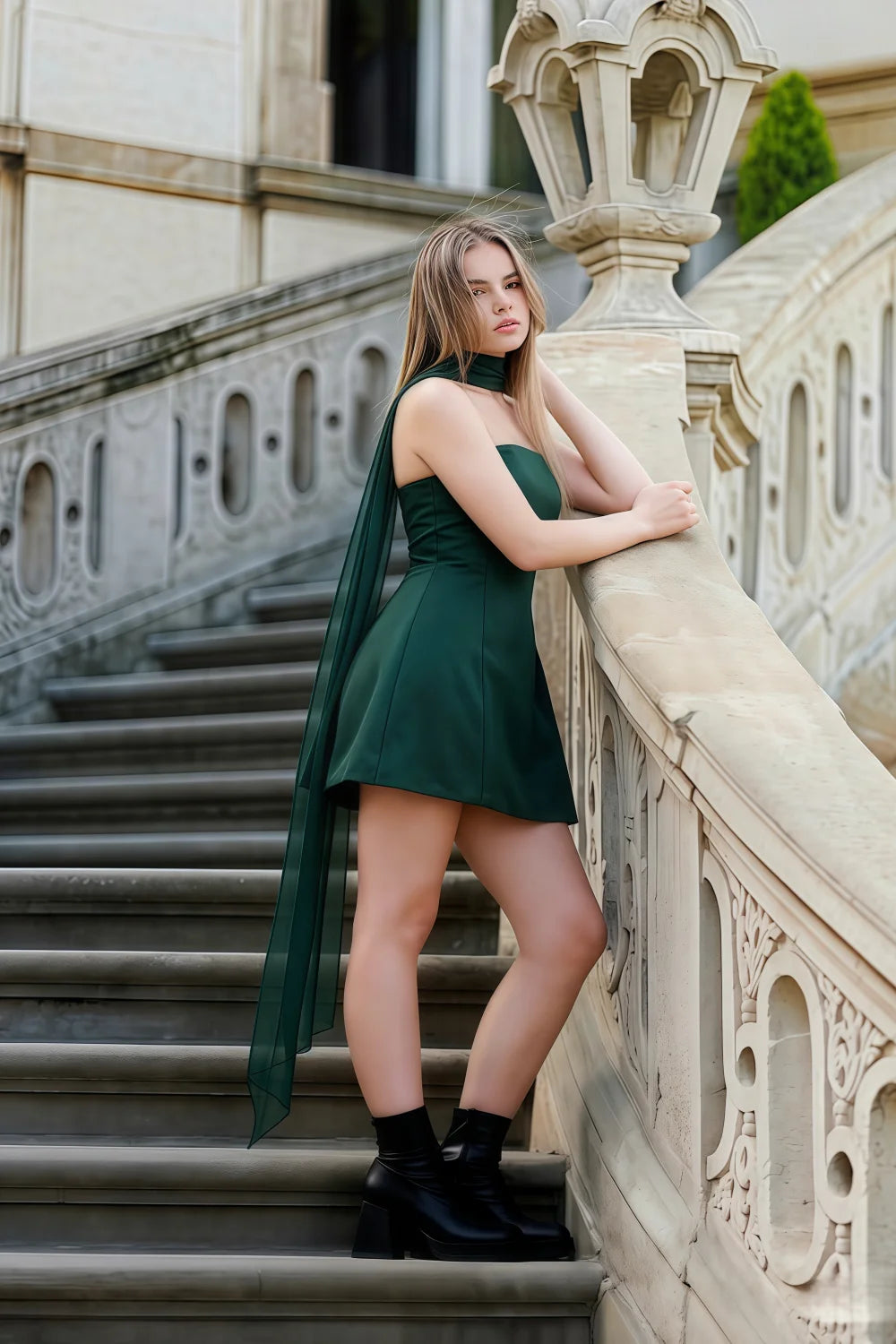 Candice Emerald Green Strapless Mini Dress with Neck Scarf