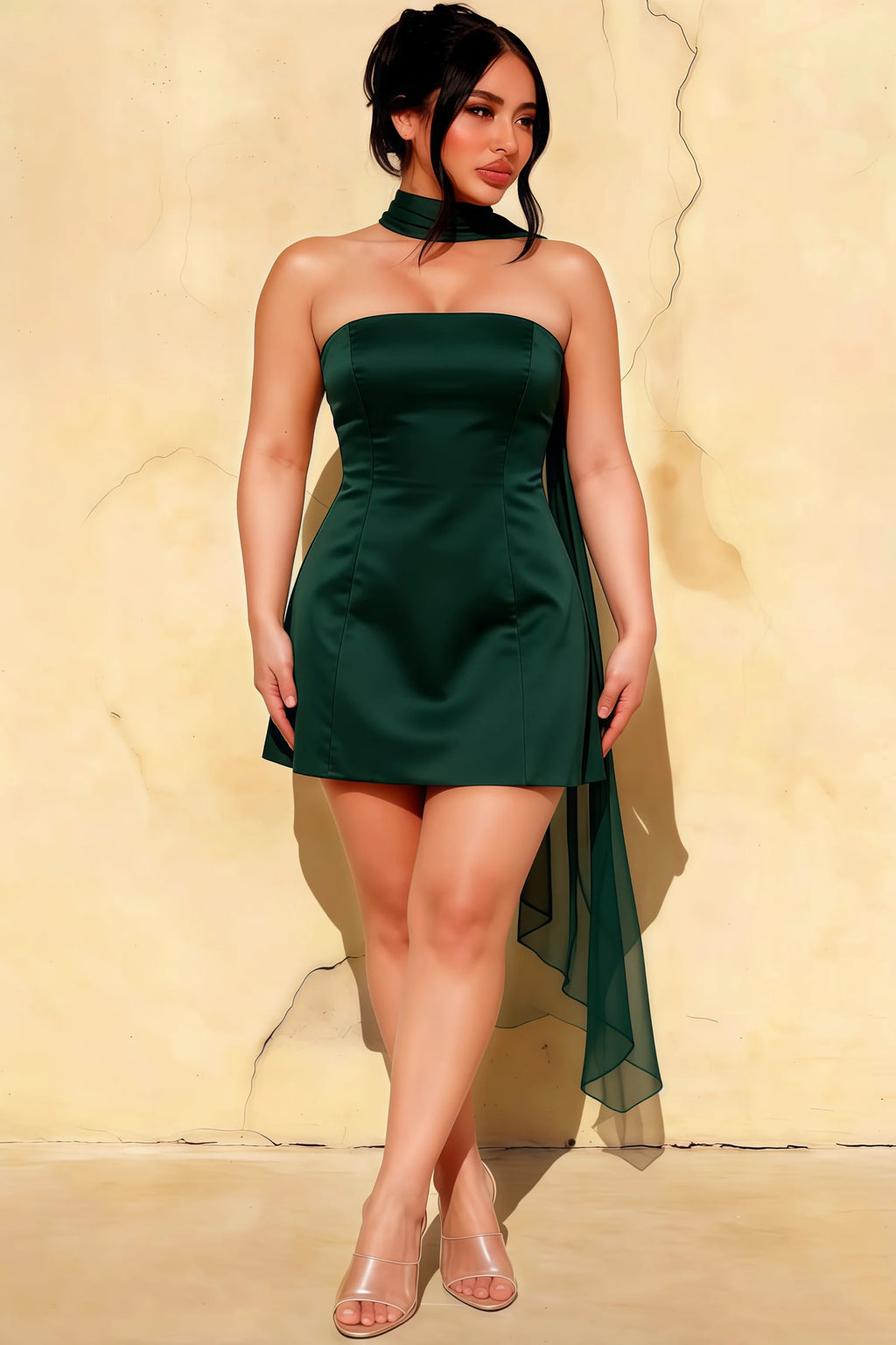 Candice Emerald Green Strapless Mini Dress with Neck Scarf