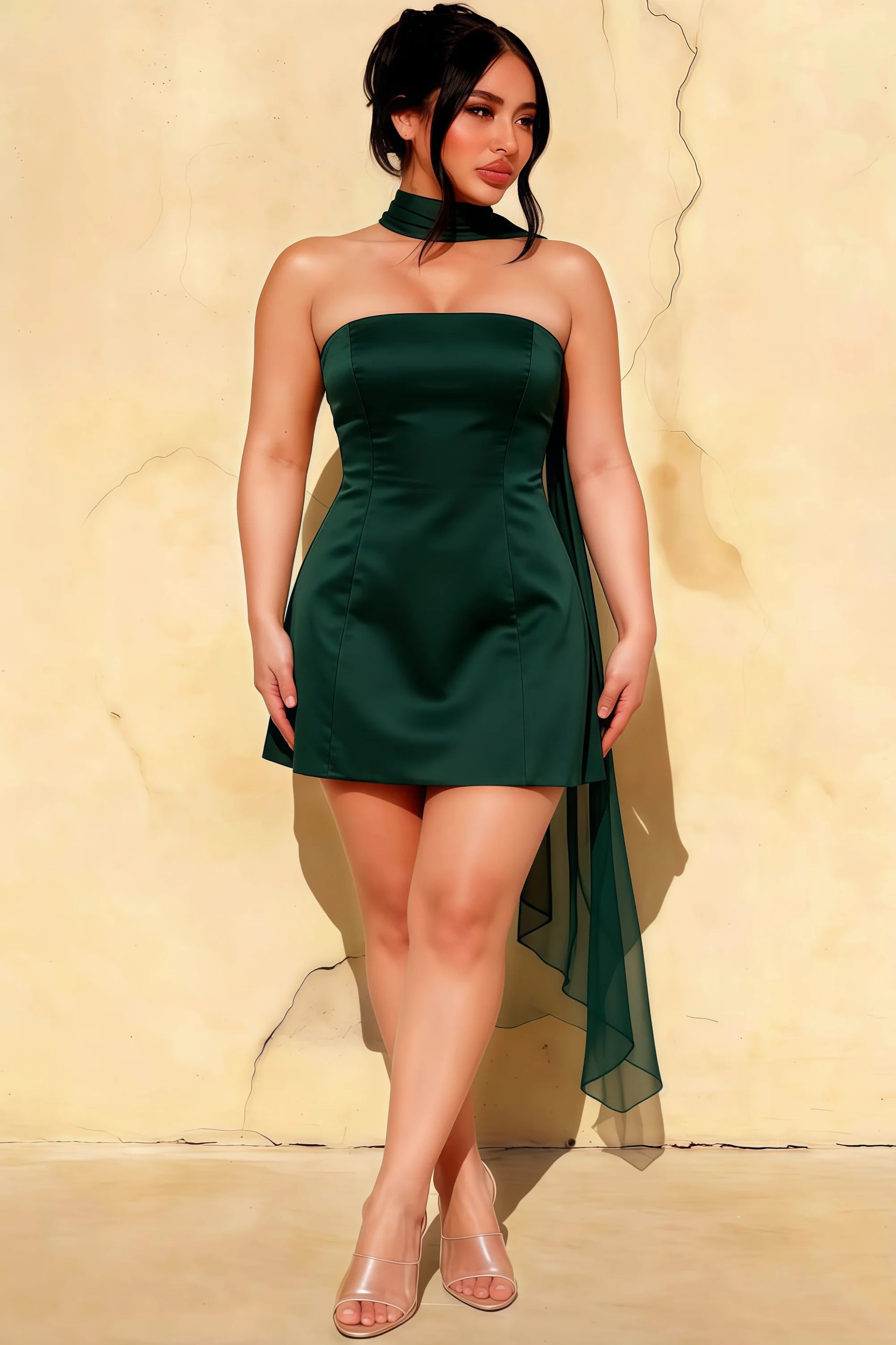 Candice Emerald Green Strapless Mini Dress with Neck Scarf
