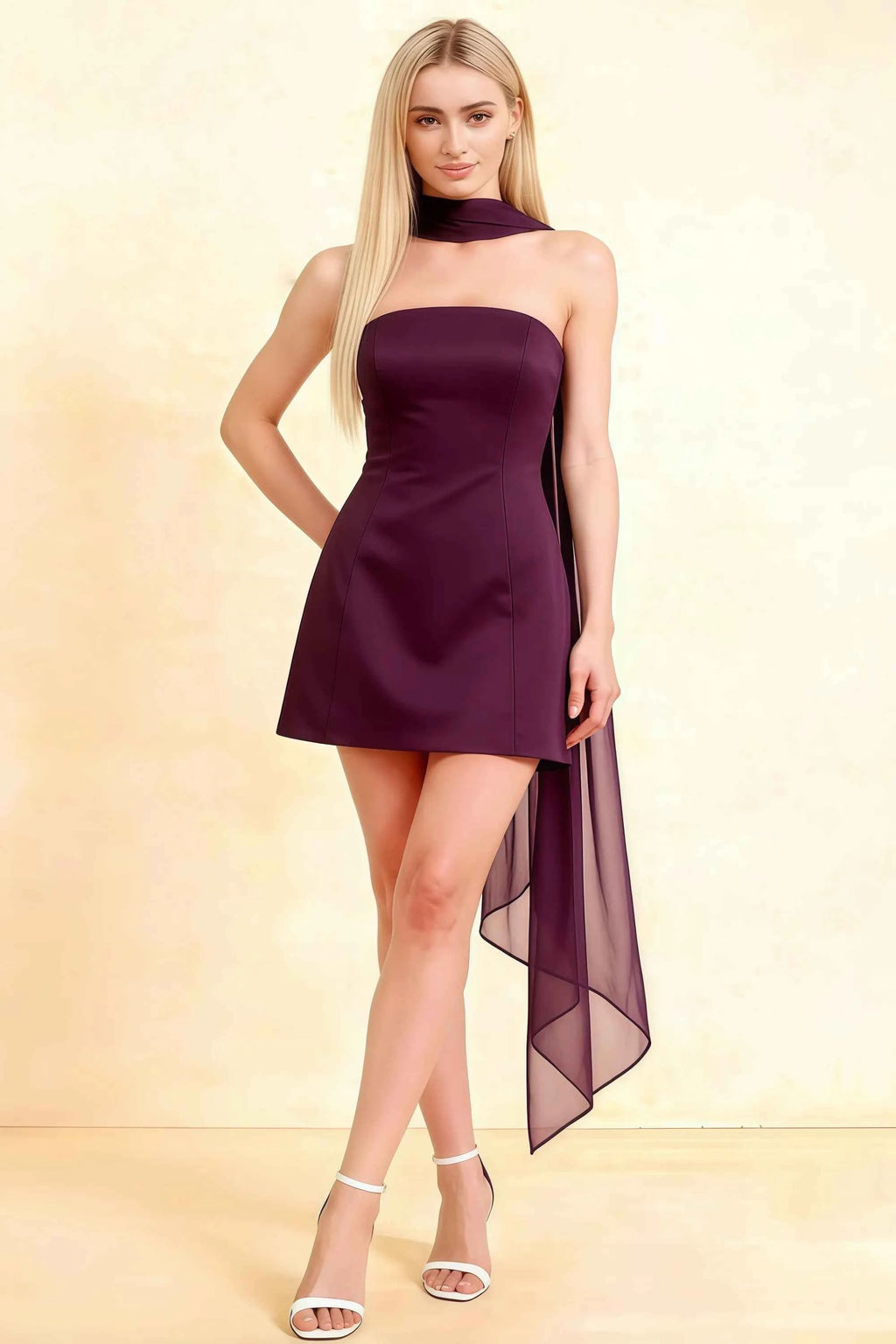 Candice Grape Strapless Mini Dress with Neck Scarf