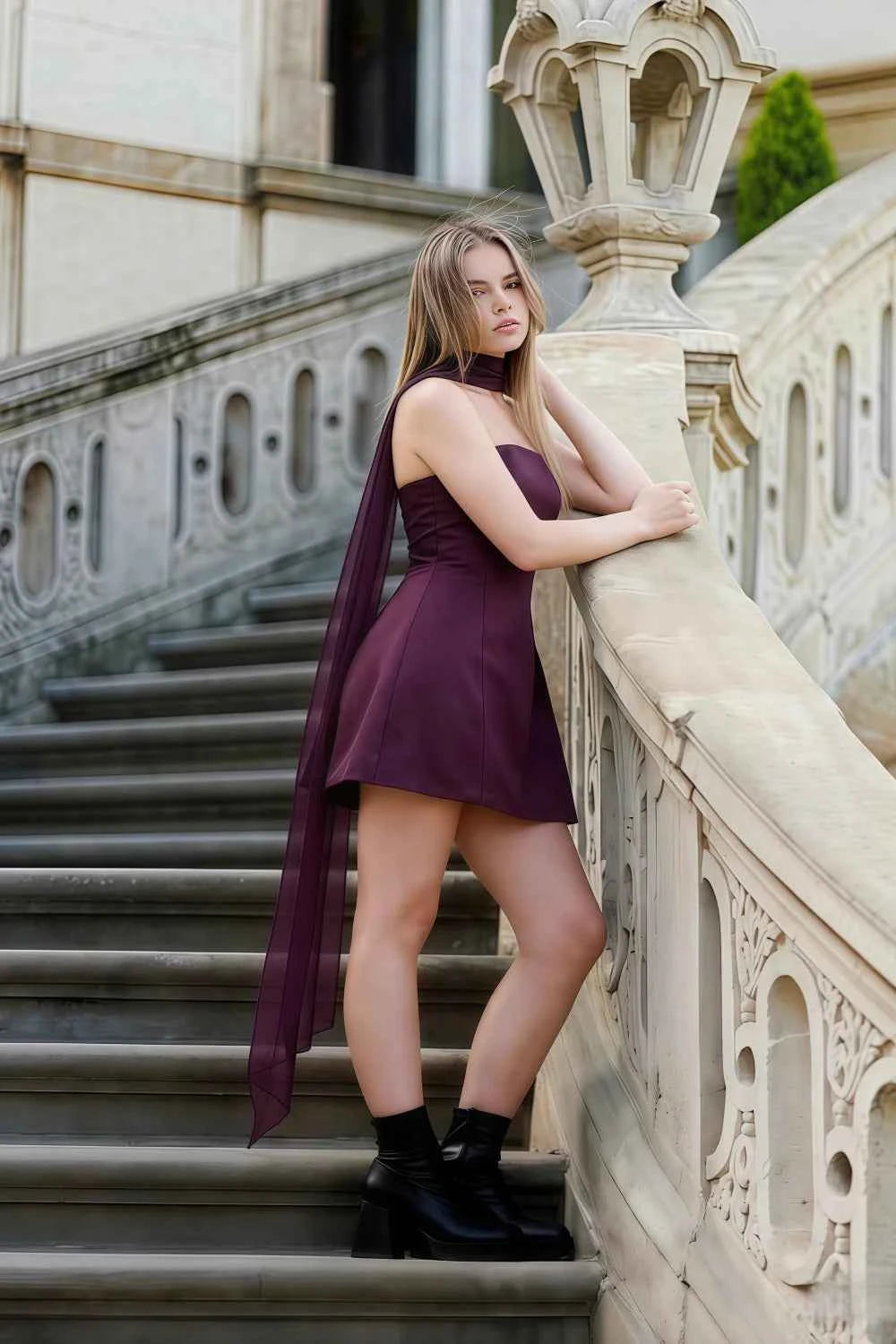 Candice Grape Strapless Mini Dress with Neck Scarf