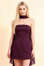Candice Grape Strapless Mini Dress with Neck Scarf