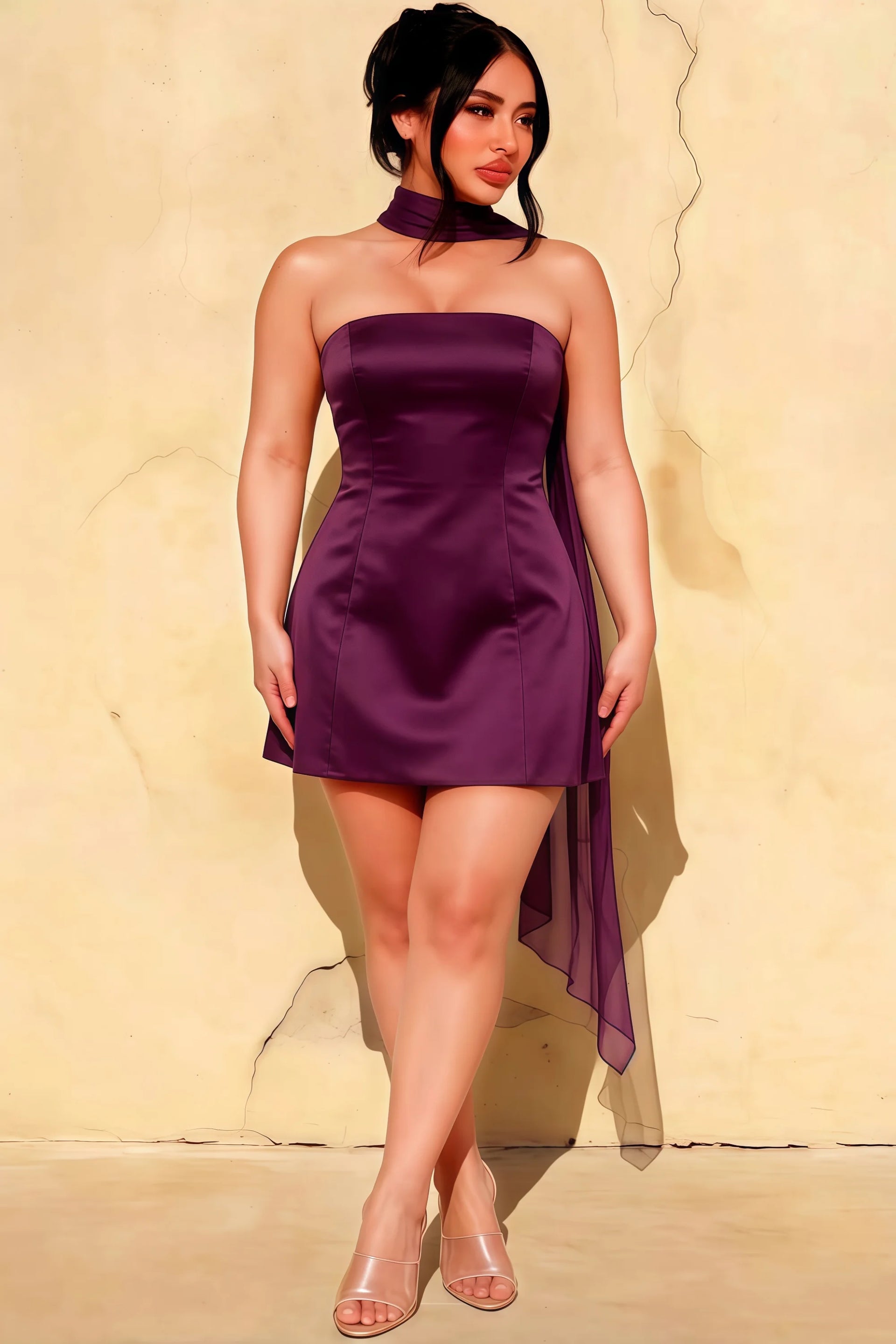 Candice Grape Strapless Mini Dress with Neck Scarf