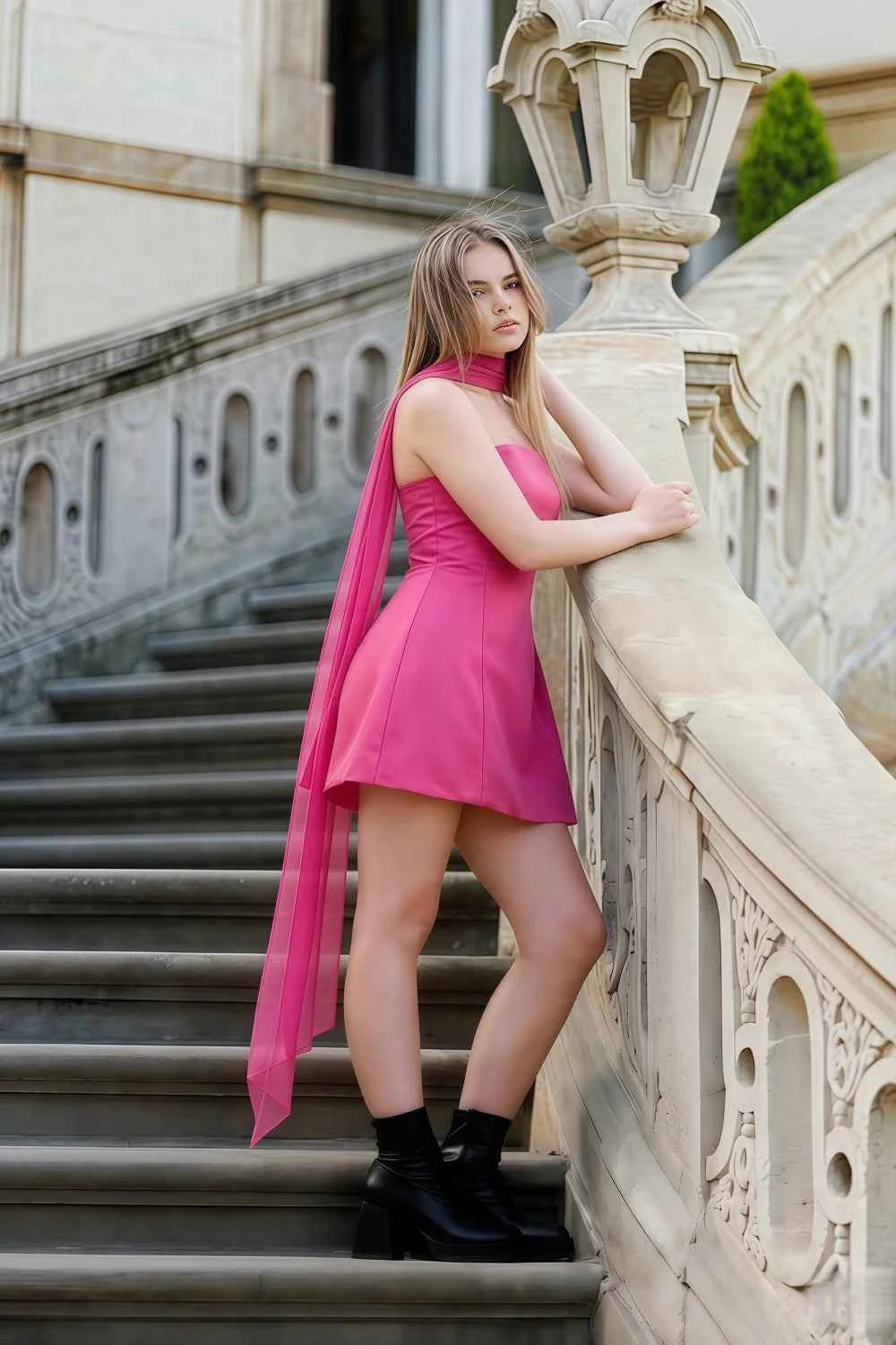 Candice Hot Pink Strapless Mini Dress with Neck Scarf