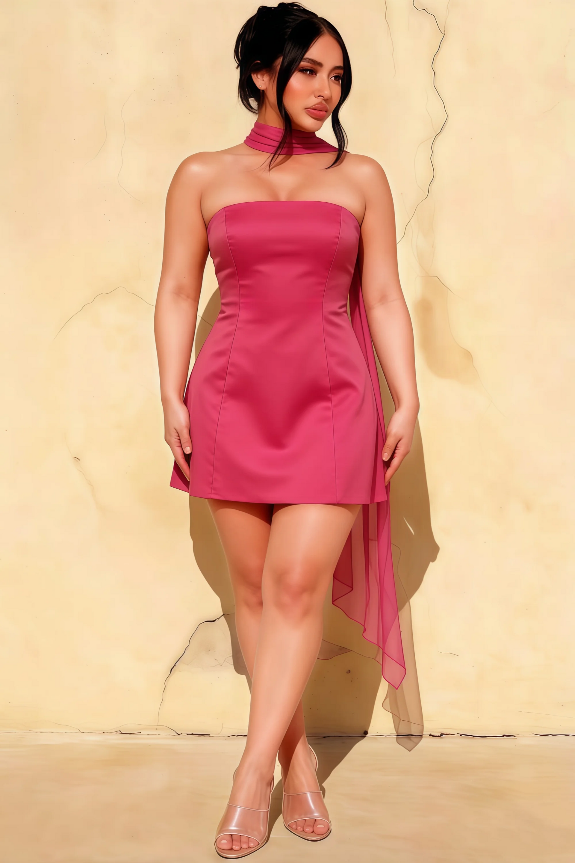 Candice Hot Pink Strapless Mini Dress with Neck Scarf
