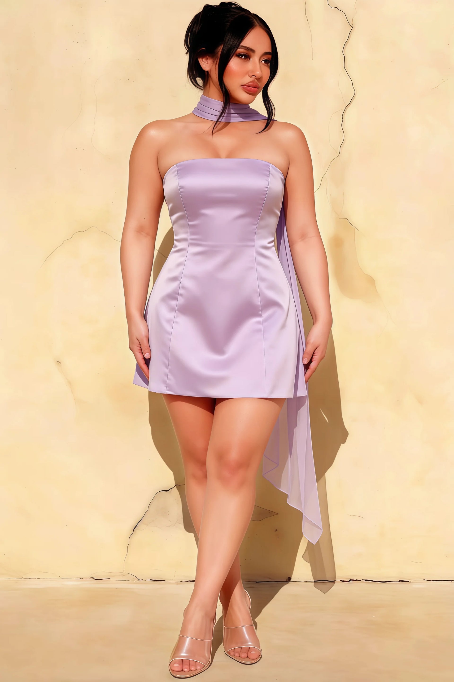 Candice Lavender Strapless Mini Dress with Neck Scarf