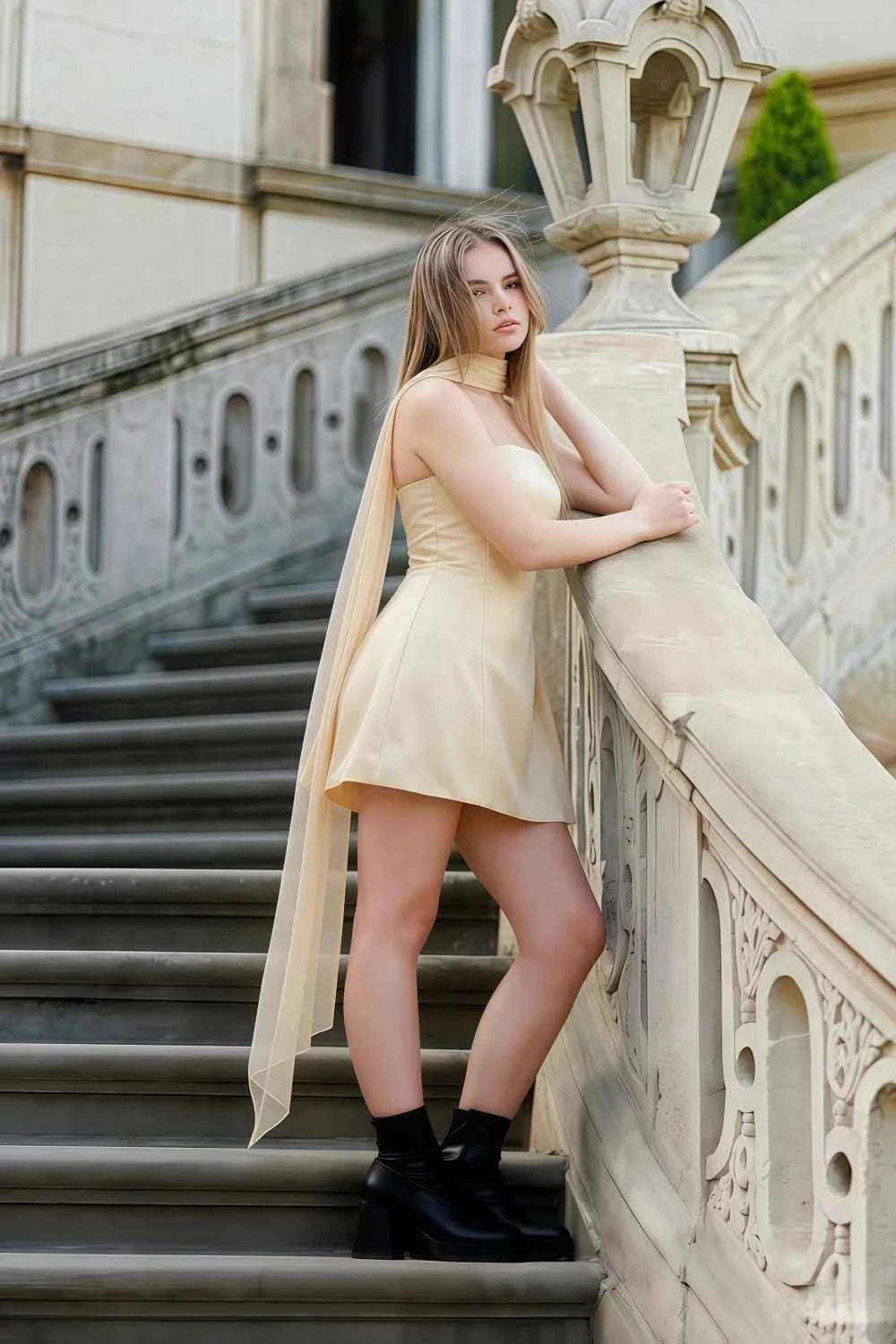 Candice Lemon Strapless Mini Dress with Neck Scarf