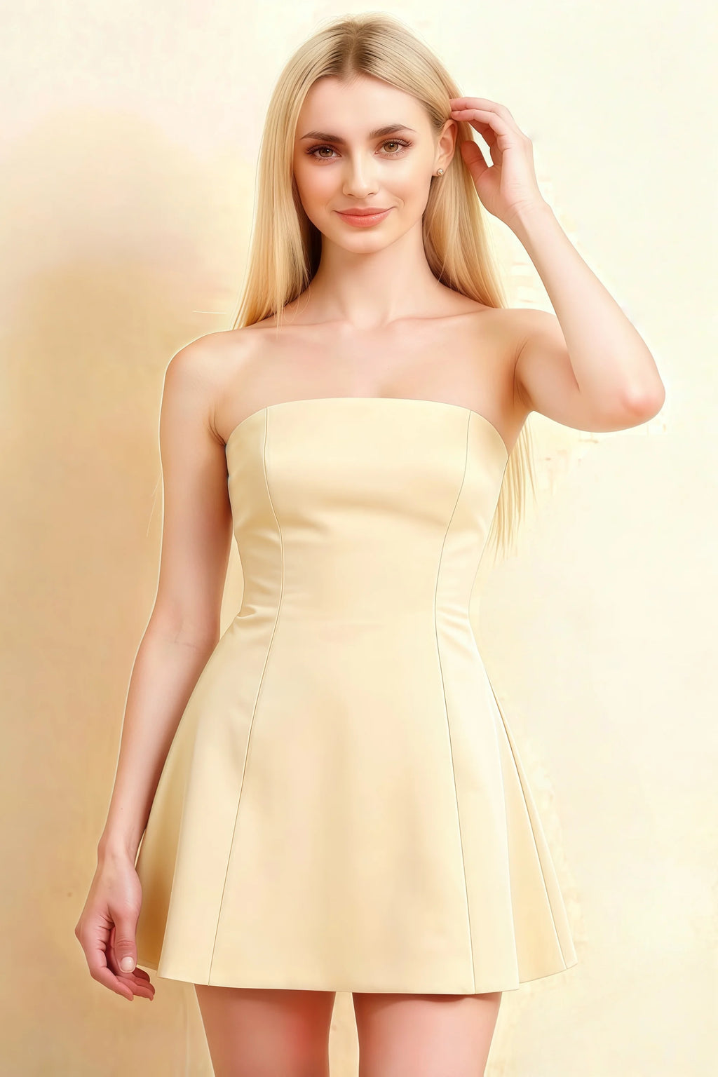 Candice Lemon Strapless Mini Dress with Neck Scarf