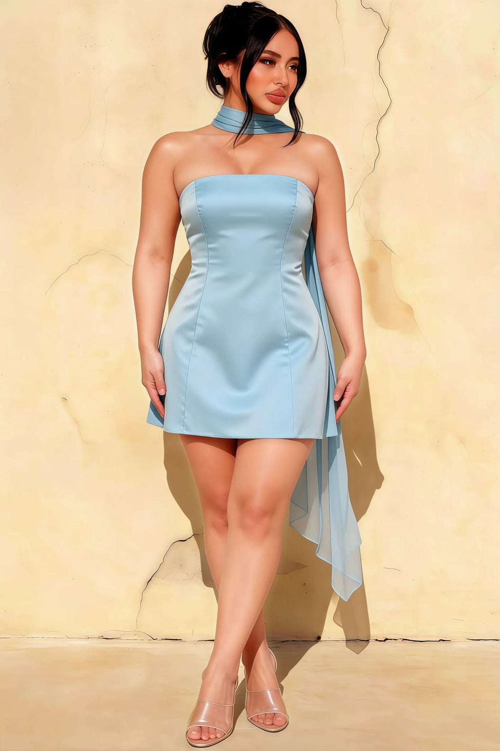 Candice Light Blue Strapless Mini Dress with Neck Scarf