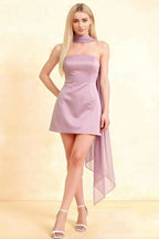 LVLVS Candice lilac strapless mini dress with neck scarf in satin crepe, flared silhouette for cocktail party elegance
