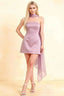 LVLVS Candice lilac strapless mini dress with neck scarf in satin crepe, flared silhouette for cocktail party elegance