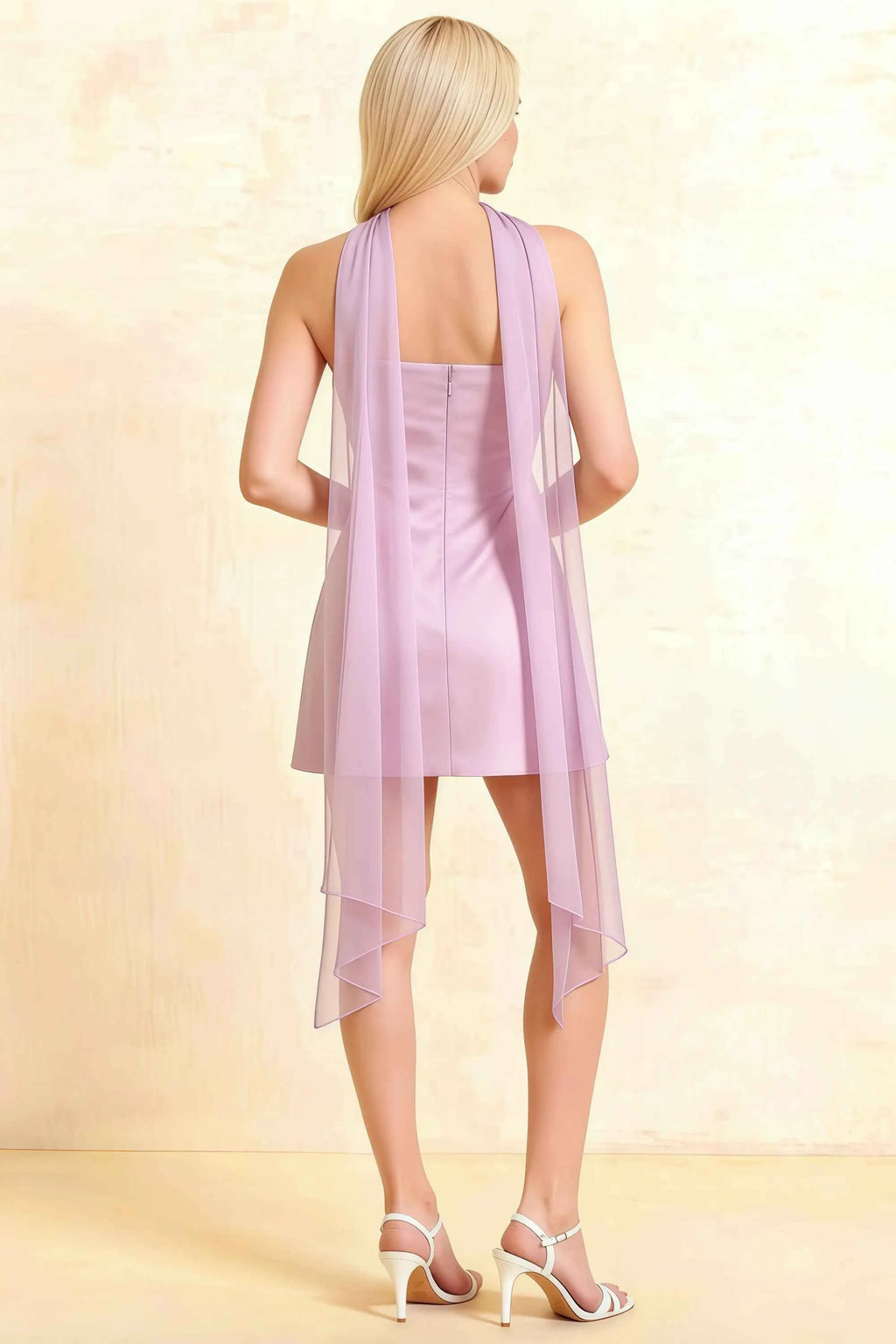 Back view of LVLVS Candice lilac strapless mini dress with flowing chiffon neck scarf, open back design for formal events