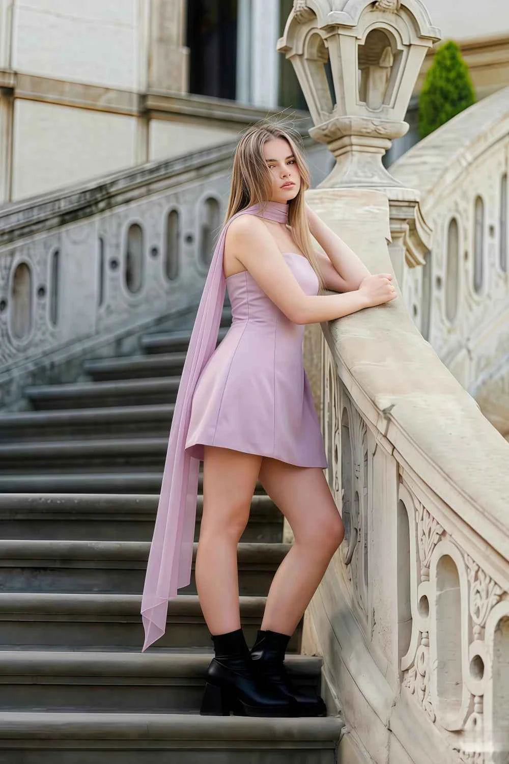 Plus size model in LVLVS Candice lilac strapless mini dress with neck scarf, classic architecture photoshoot, elegant crepe fabric