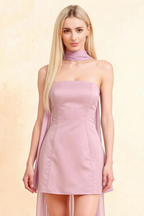 Close up of LVLVS Candice lilac strapless mini dress with neck scarf, structured bodice and flared skirt for party wear